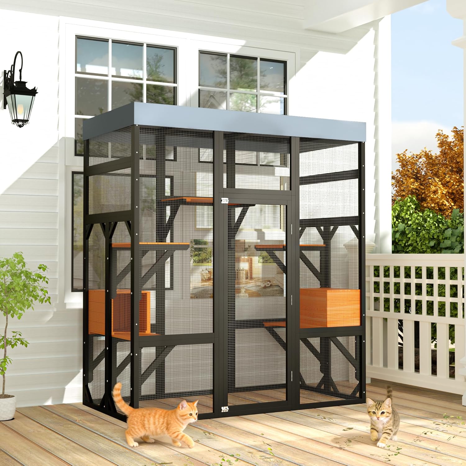 Large Outdoor Cat Enclosure Catio with 5 Platforms & 2 Napping Houses, Secure Frame, Waterproof Roof, Easy Assembly, Indoor/Outdoor Cat Playpen for Multiple Cats