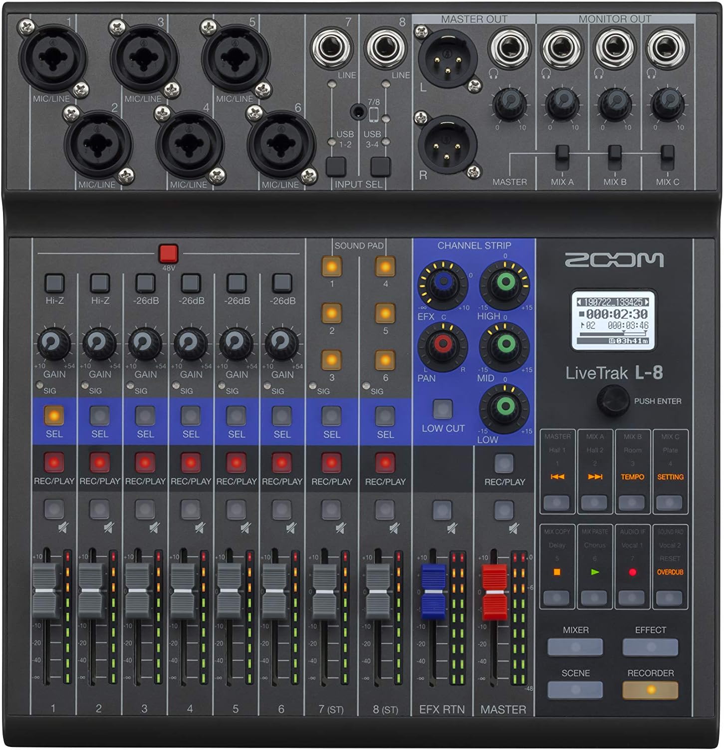 LiveTrak L-8 Recorder/Mixer for Musicians & Podcasters, 6 Combo + 2 Stereo Inputs, 4 Headphone Outputs, Battery Powered, Sound Pads, Phone Input, USB Audio Interface