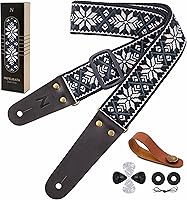 Vista 14 de Nefelibata Correa de guitarra, correas de guitarra de algodón bordadas con extremos de cuero de vaca para bajo, guitarras eléctricas y acústicas