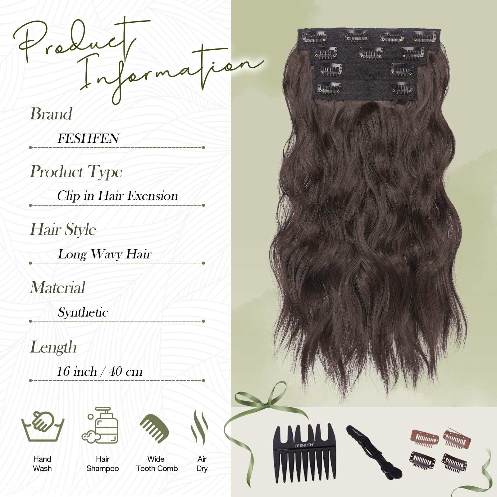 FESHFEN Extensiones de Pelo con Clip Sintéticas Ondulado Natural 40 cm | 4 PCs Postizos Extension Resistentes al Calor para Mujer para Uso Diario Fiestas Eventos, Marrón Negro