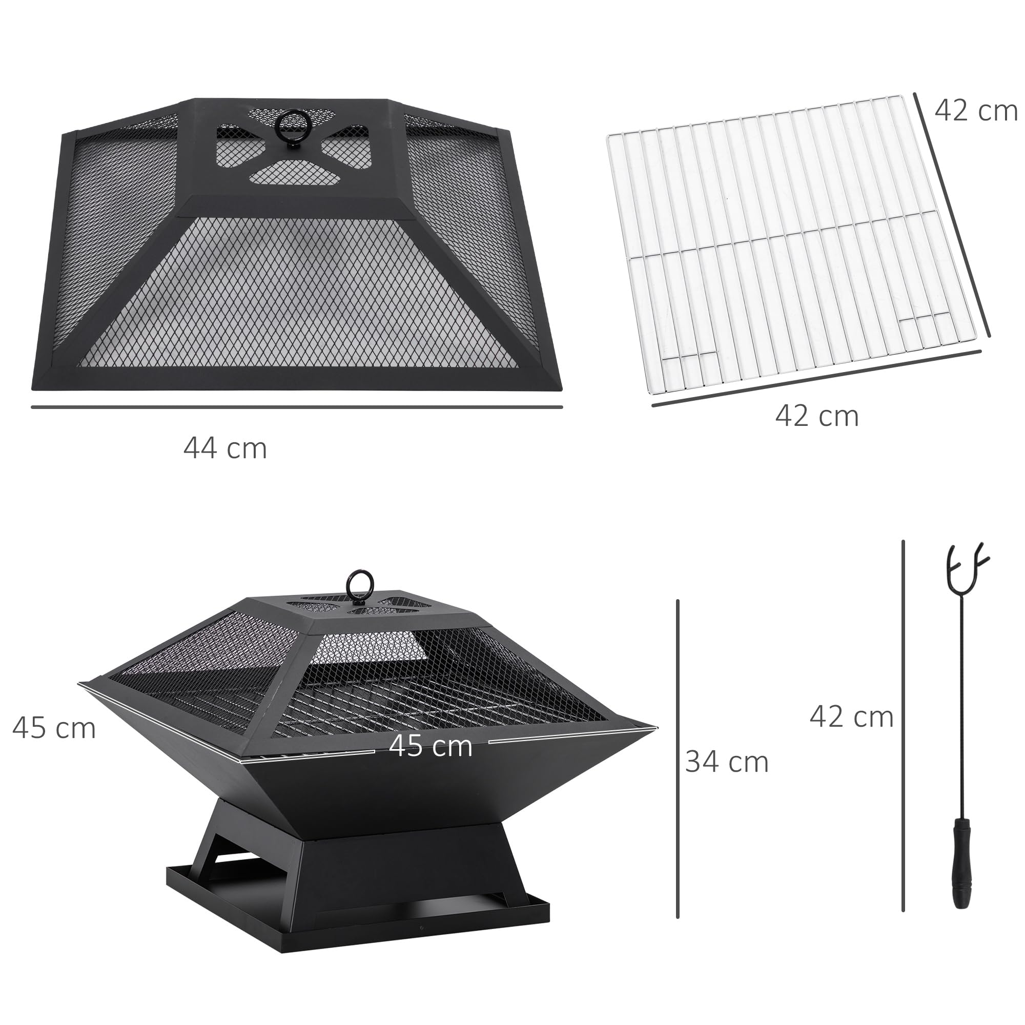 Outsunny Brasero Exterior de Acero Pozo de Fuego para Jardín Multifuncional con Protector de Chispas y Atizador para Barbacoa Hogueras en Terraza Camping 45x45x34 cm Negro