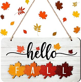Hello Fall Sign Rustic Wood Decor Hello Winter Sign Summer Spring Farmhouse Wall Hanging Plaque Filleted Corner Wooden for Home Bathroom Indoor Outdoor,10 x 5.5 Inches(Maple Style,White Backing)