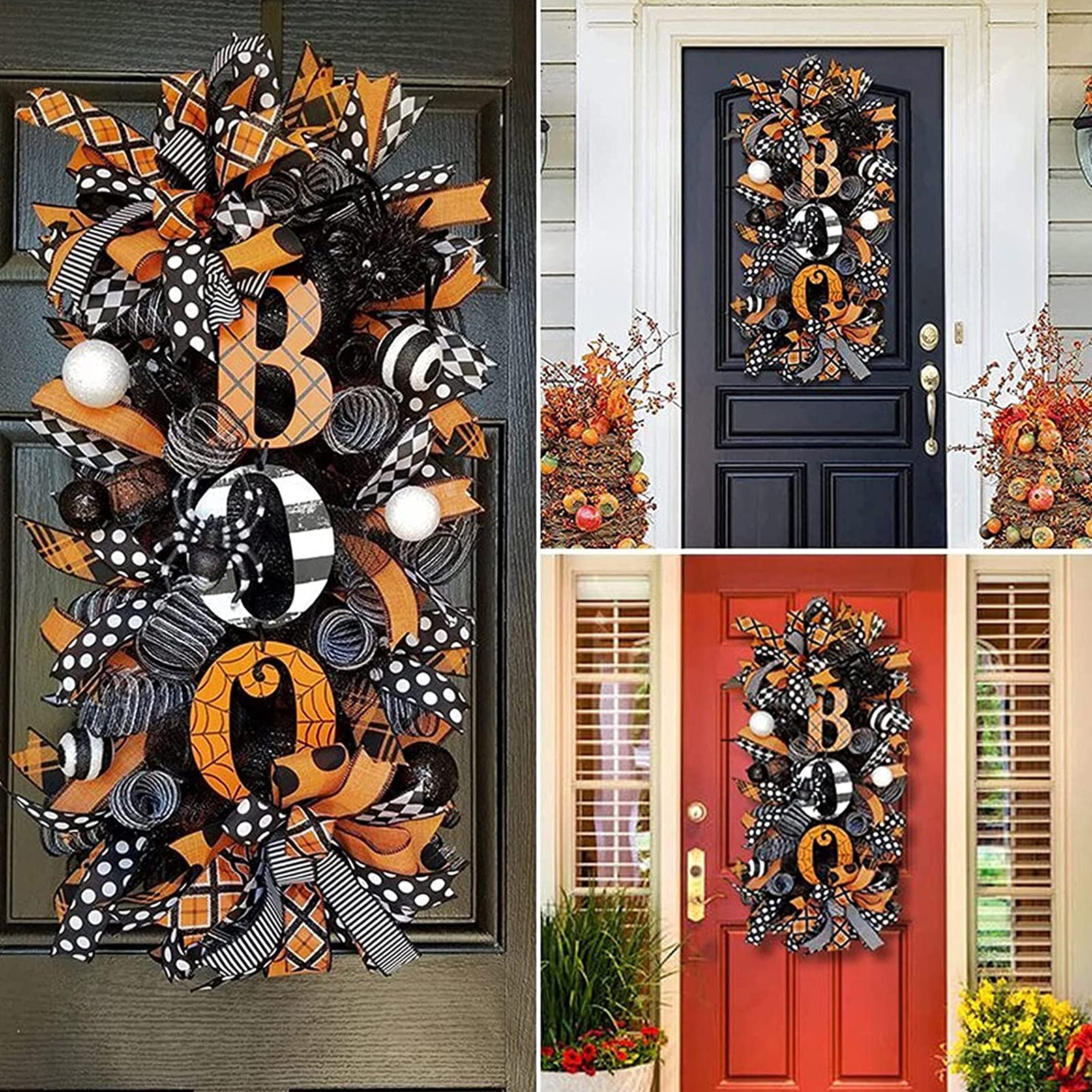XYHLM Halloween Swag Wreath Fall Wreath, Fall Front Door Outside Hanging Decorations Halloween Spider, Mesh and Ribbons Wreath Outdoor Holiday Decoration Party Hanging Ornaments(Color:Wreath)