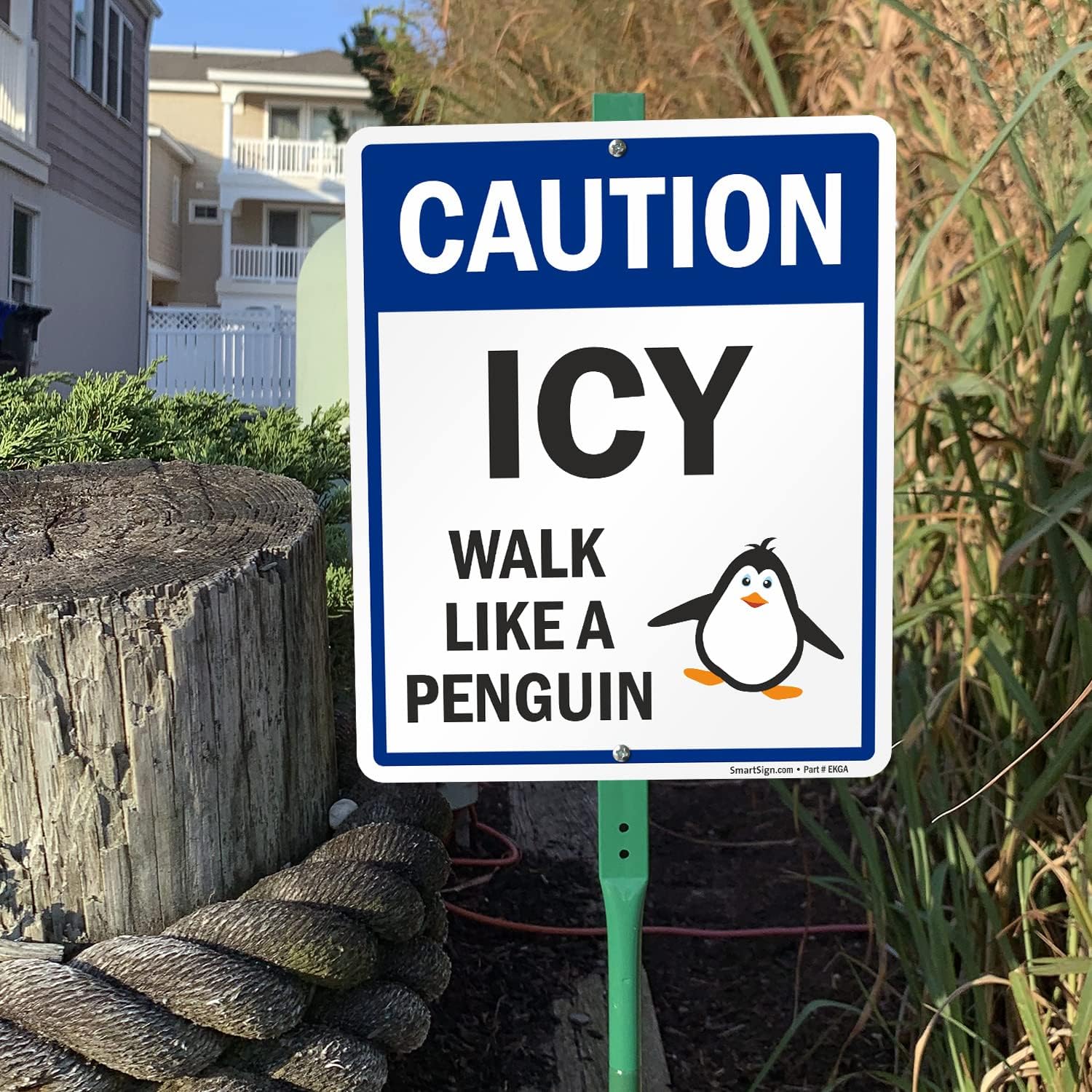 SmartSign Caution - Icy, Walk Like A Penguin LawnBoss Yard Sign with 3 foot Stake and Possible Icy Conditions” Bright Reflective Cone Message Sleeve, [Cone Not Included]