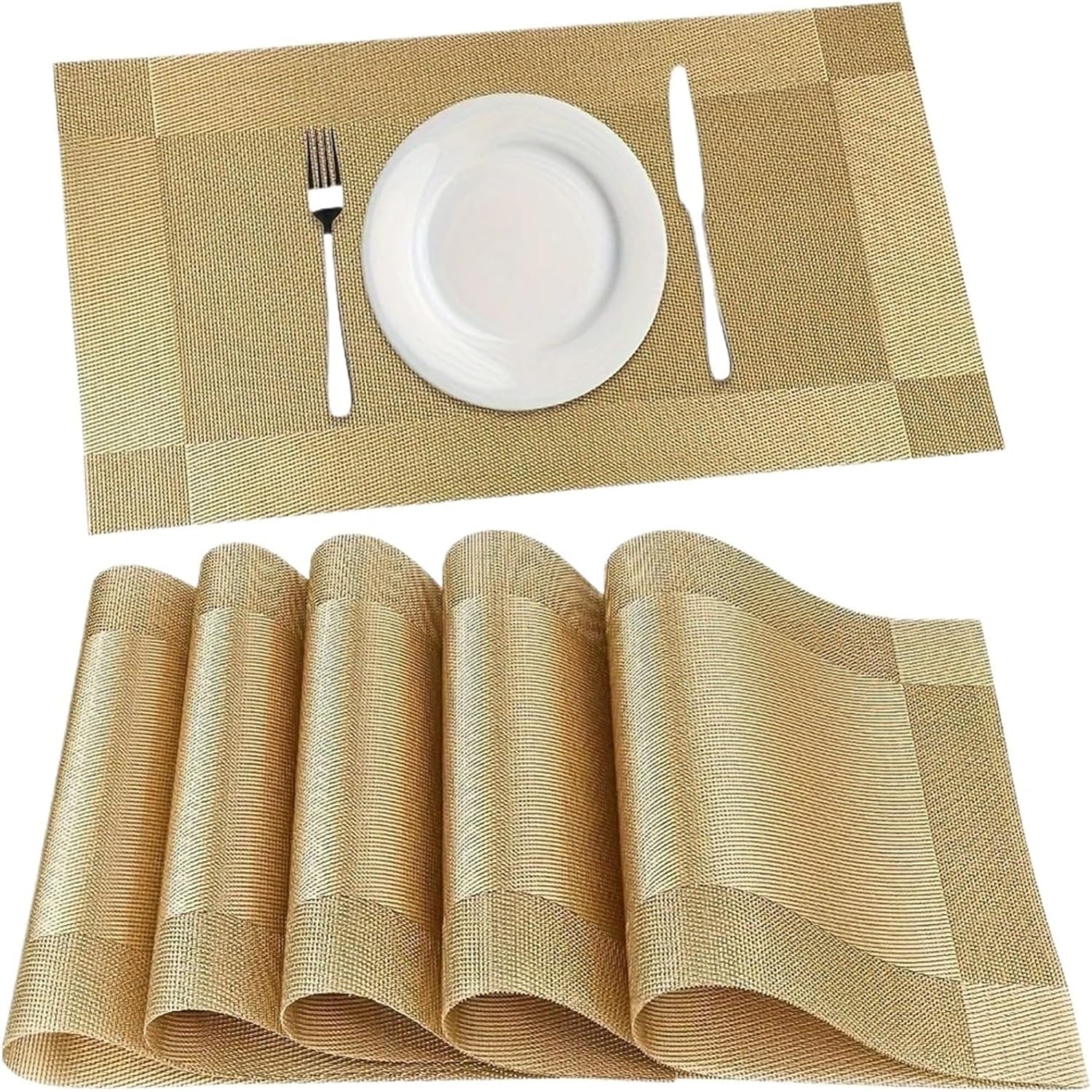 1pcs Place Mats for Kitchen Dining Table, Heat-Resistant Anti-Skid Stain Washable PVC Table Mats(Golden Color,6pcs)