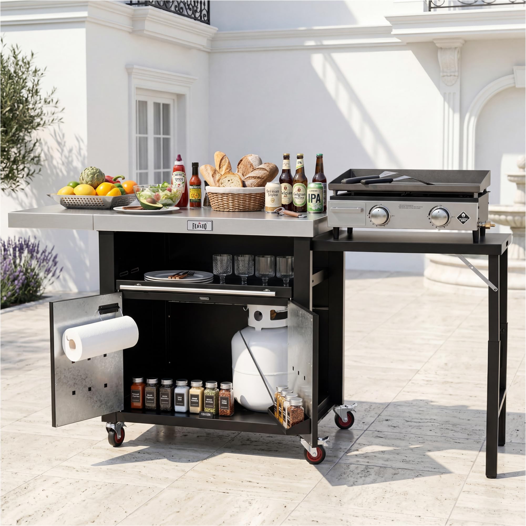 Outdoor-Küche Grillwagen Outdoor Grilltisch Outdoor wetterfest mit Schrank | 188x66x92 cm Servierwagen Pizzatisch mit 2 Klappbarer Beistelltisch, ausziehbare Ablage, für Pizzaofen, Außenküche,Terrasse