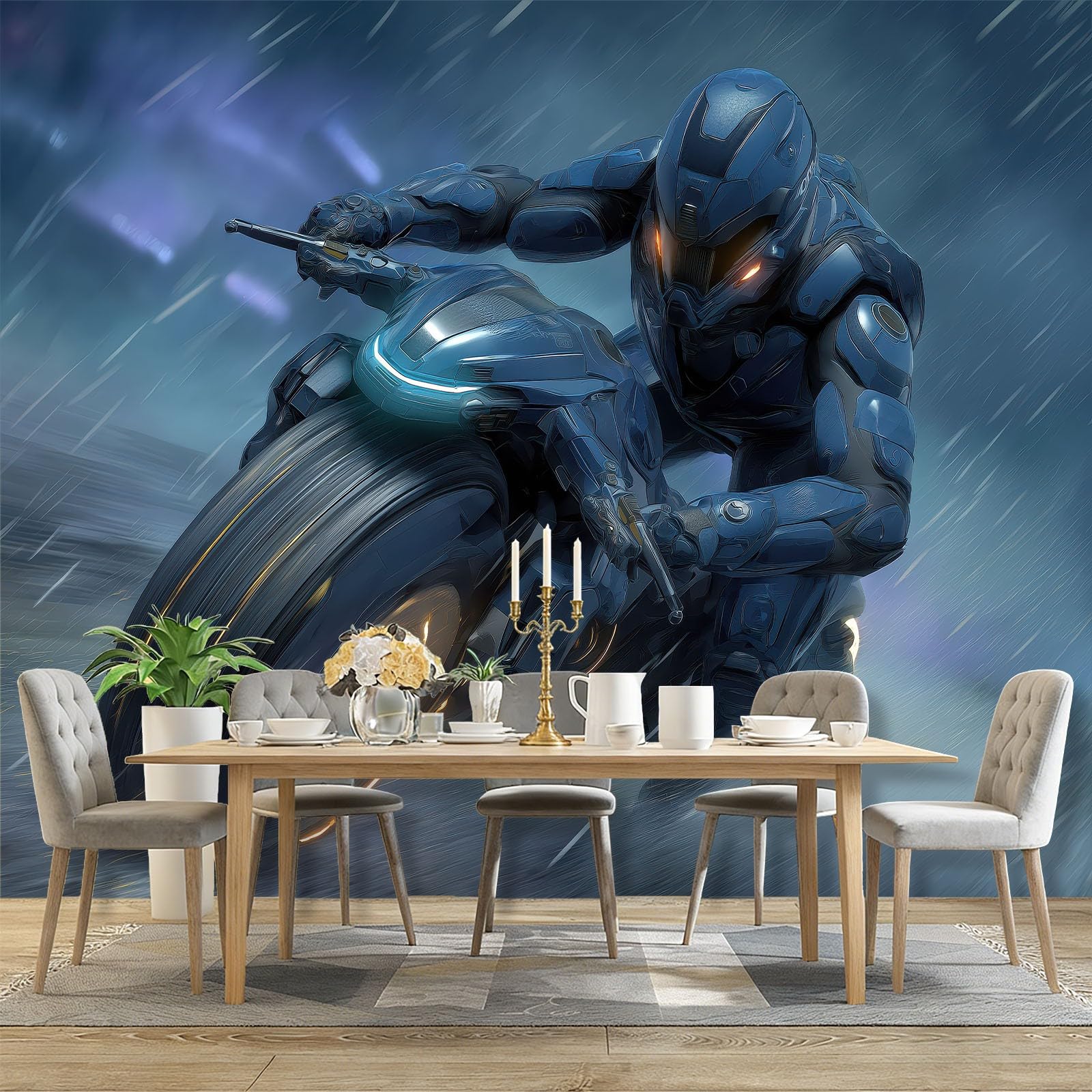 Tapeta panoramiczna 400 x 280 cm, tło science fiction tapeta z motywem motocyklisty do zabaw i żłobka, ciemnoniebieska