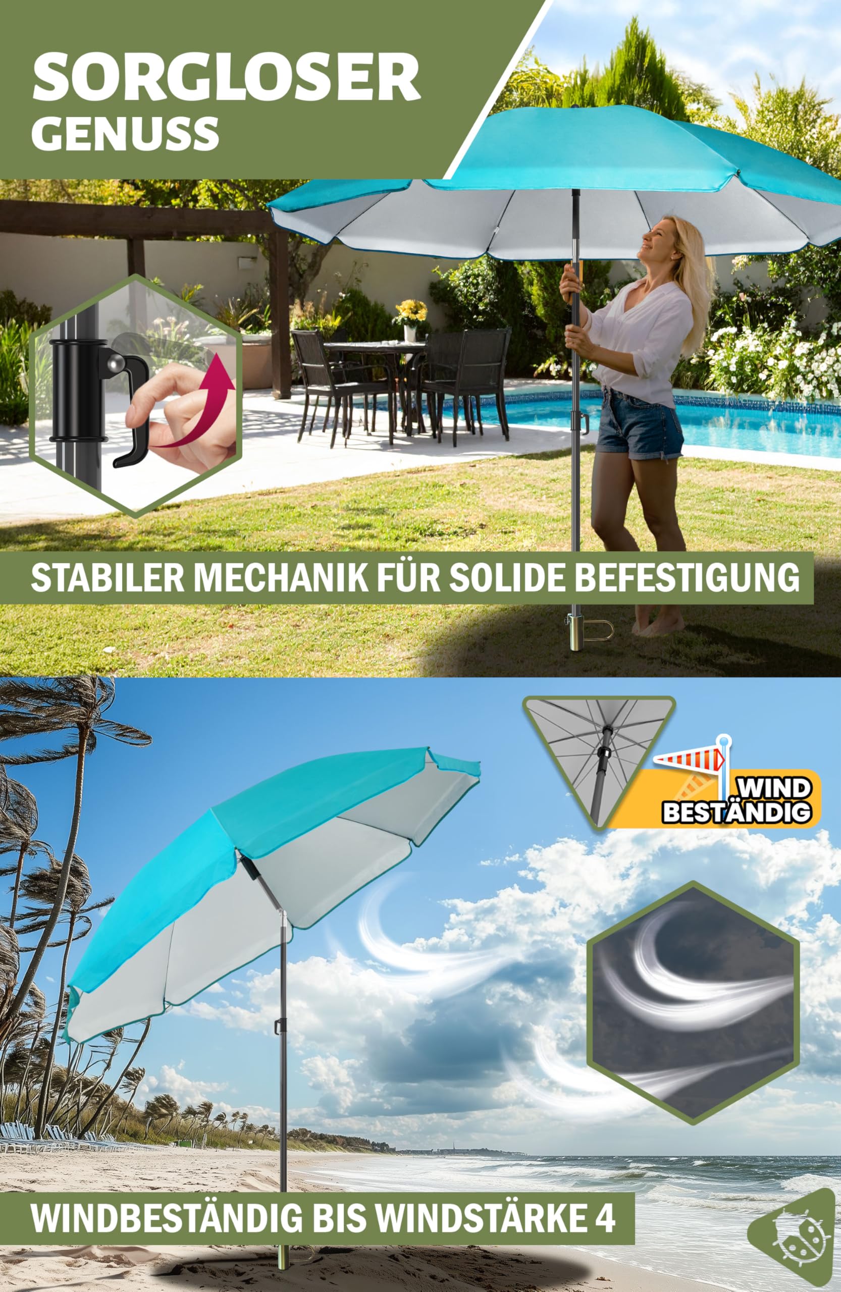 Menz Sonnenschirm Strand Ø 180 cm in Türkis, 3-IN-1 Set - UPF 50+ Strandschirm windfest stabil + Schirmhülle + Rasendorn Sonnenschirmhalter - Sonnenschirm mit Rasendorn für Garten, Schirmspieß