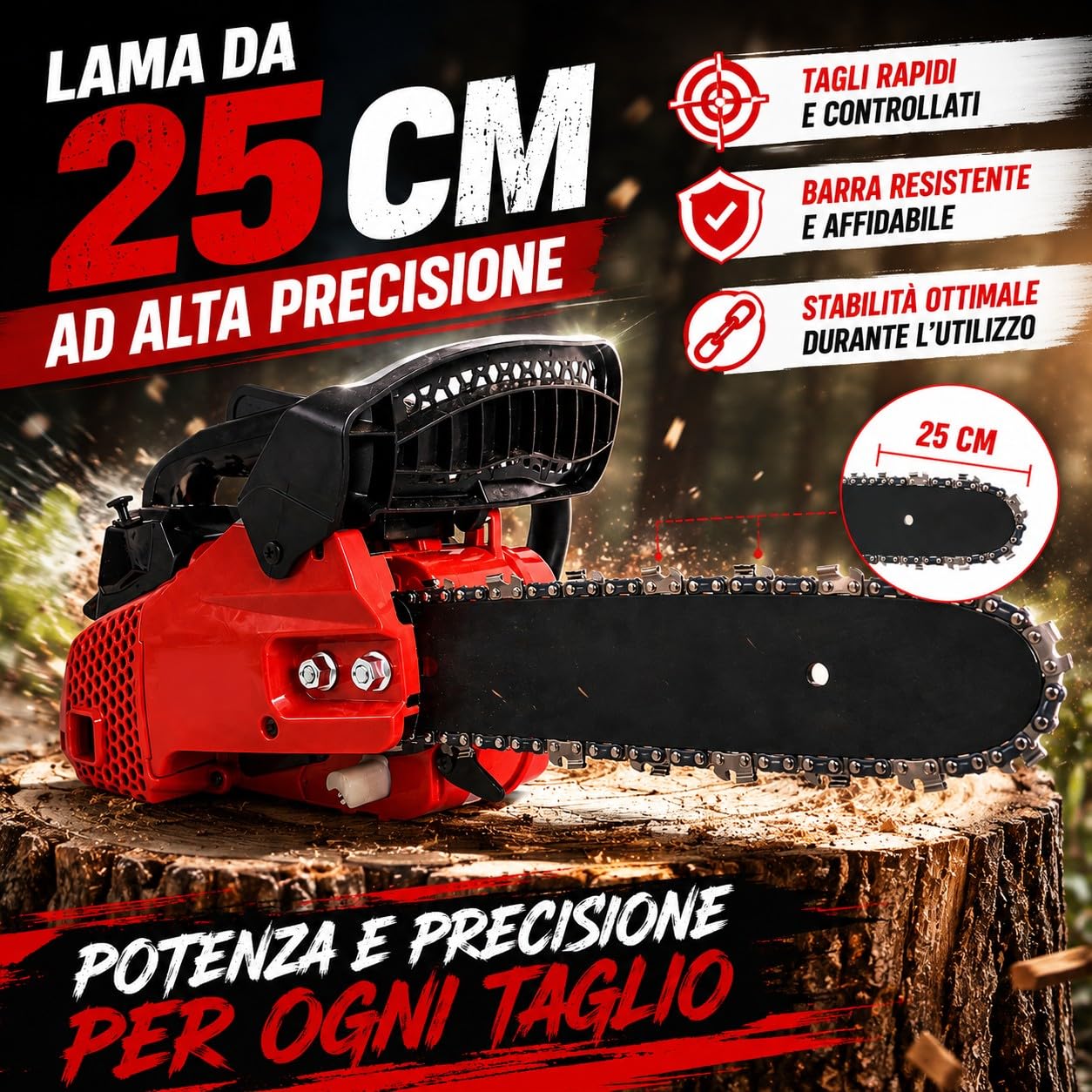 Motosega a Scoppio 25,4CC 900W Barra 25 cm per Potatura Motore 2 Tempi Catena 3/8" Lubrificazione Automatica Sistema Antivibrazione Ideale per Taglio Legna, Rami e Giardinaggio