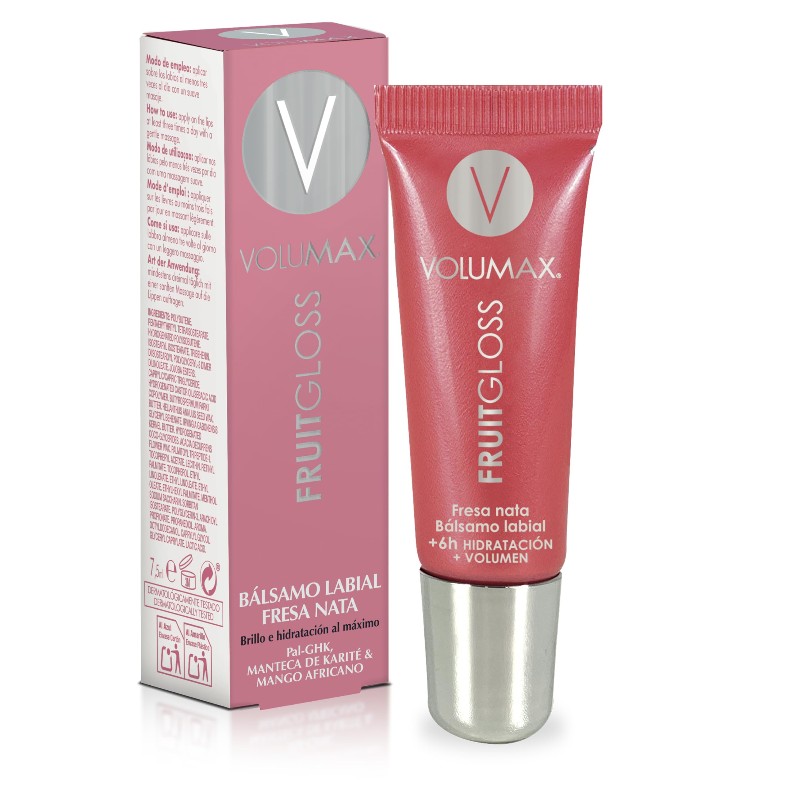 Volumax Fruitgloss Gloss de Labios de Sabor Intenso y Duradero, Óptima Hidratación, Brillo, Confort y Volumen 7.5 ml, Incoloro, Fresa Nata