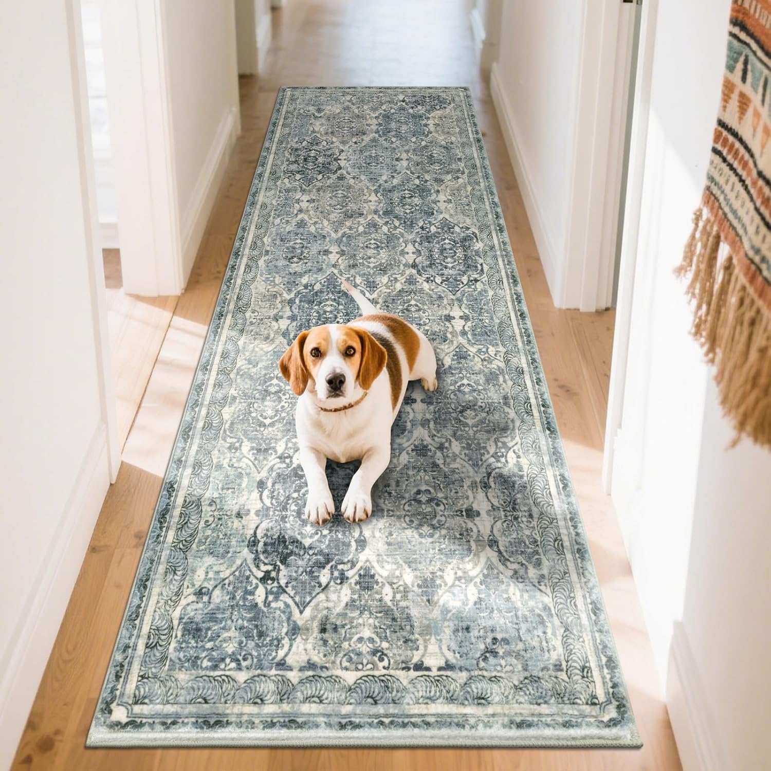 Vaukki Hallway Runner Rug, Vintage Shaggy Soft Laundry Rug Runner, Non Slip Entryway Runner Mat, Washable Farmhouse Kitchen Area Carpet for Bathroom, Entryway and Bedroom (2' X 6', Multi-Blue)
