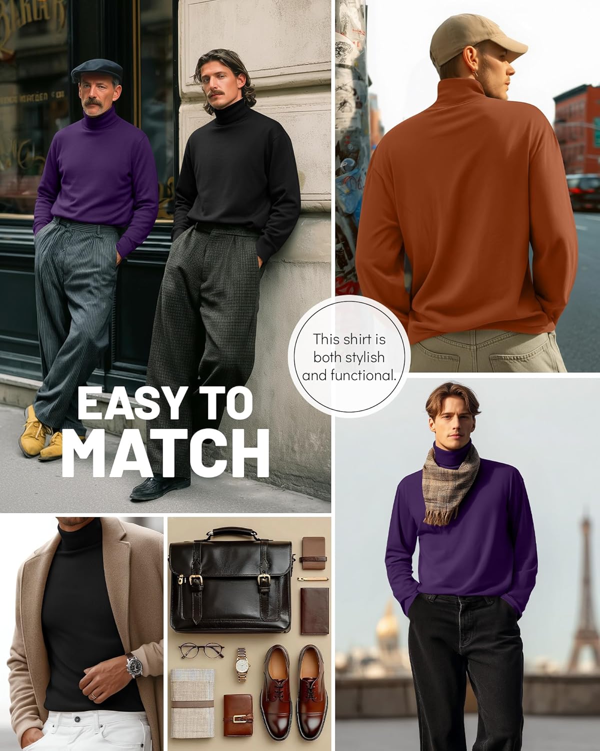 Ficerd 3 Pack Men's Big and Tall Turtleneck Shirts Cotton Long Sleeve Turtle Neck Tops Plus Size Loose Fit Basic Tee - Image 6