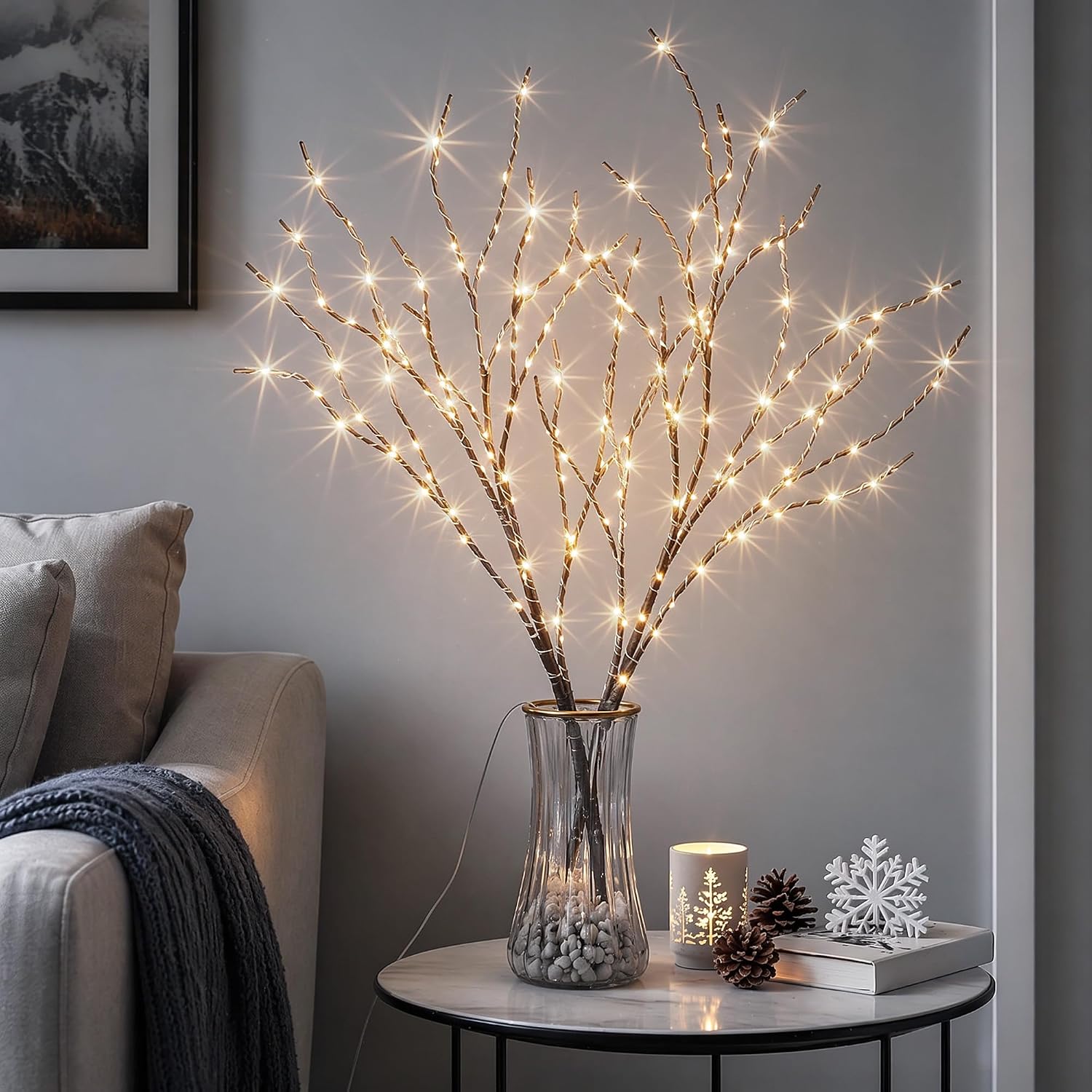 200 LED Battery-Operated and USB Operated Branch Lights for Vase Filler, Artificial Lighted Willow Branches, Brown Illuminated Twig Branches for Christmas Home Decor and Indoor Decoration