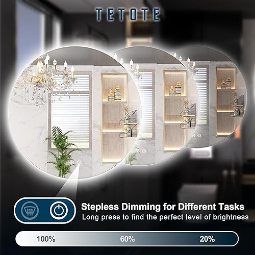 Miniatura 4 de TETOTE Espejo LED redondo para baño, espejos redondos retroiluminados de 28 pulgadas con luces, espejo de carámbano antiniebla, regulable de 3