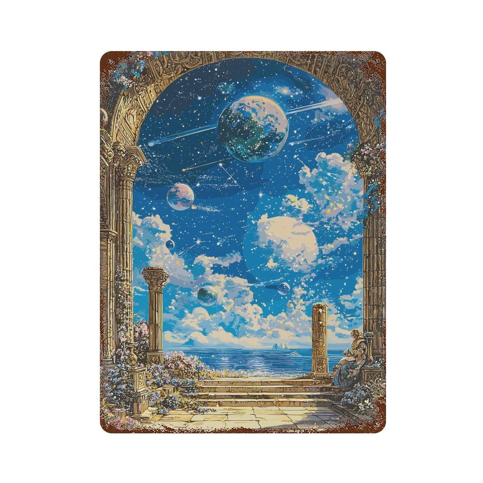 Aged Metal Wall Plaque with Planetary Vista Through Ancient Archway Design 15.7"x11.8", for Cafe, Home Bar And Lounge Decor, Novelty Wall Decor