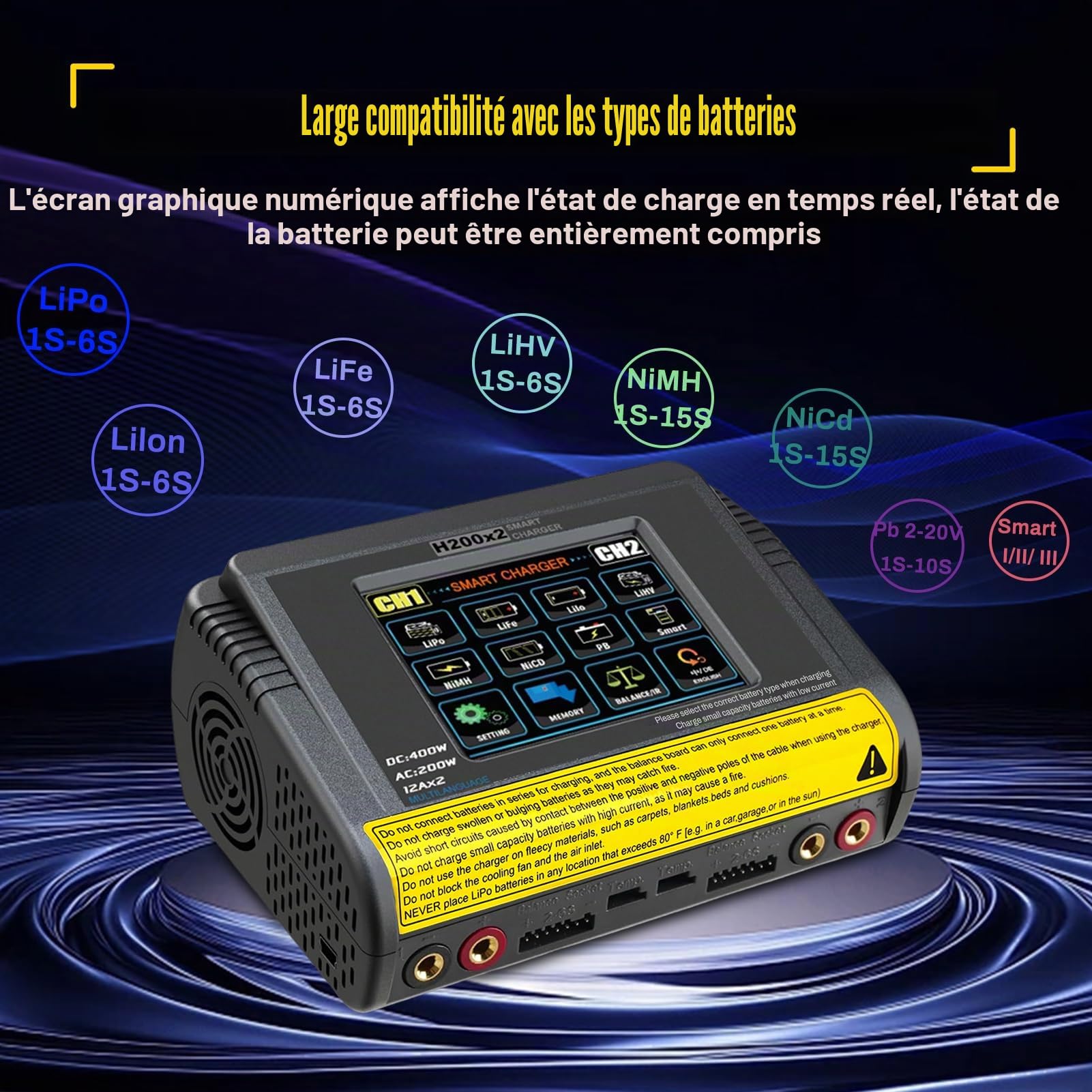 Chargeur lipo T400 AC200W/DC400W 12A, Chargeur Batterie lipo Double décharge 3,2 Pouces écran Tactile Couleur Chargeur lipo Balancer déchargeur pour LiPo/Lilon/Life/NiMH/NiCd/PB/NiMH