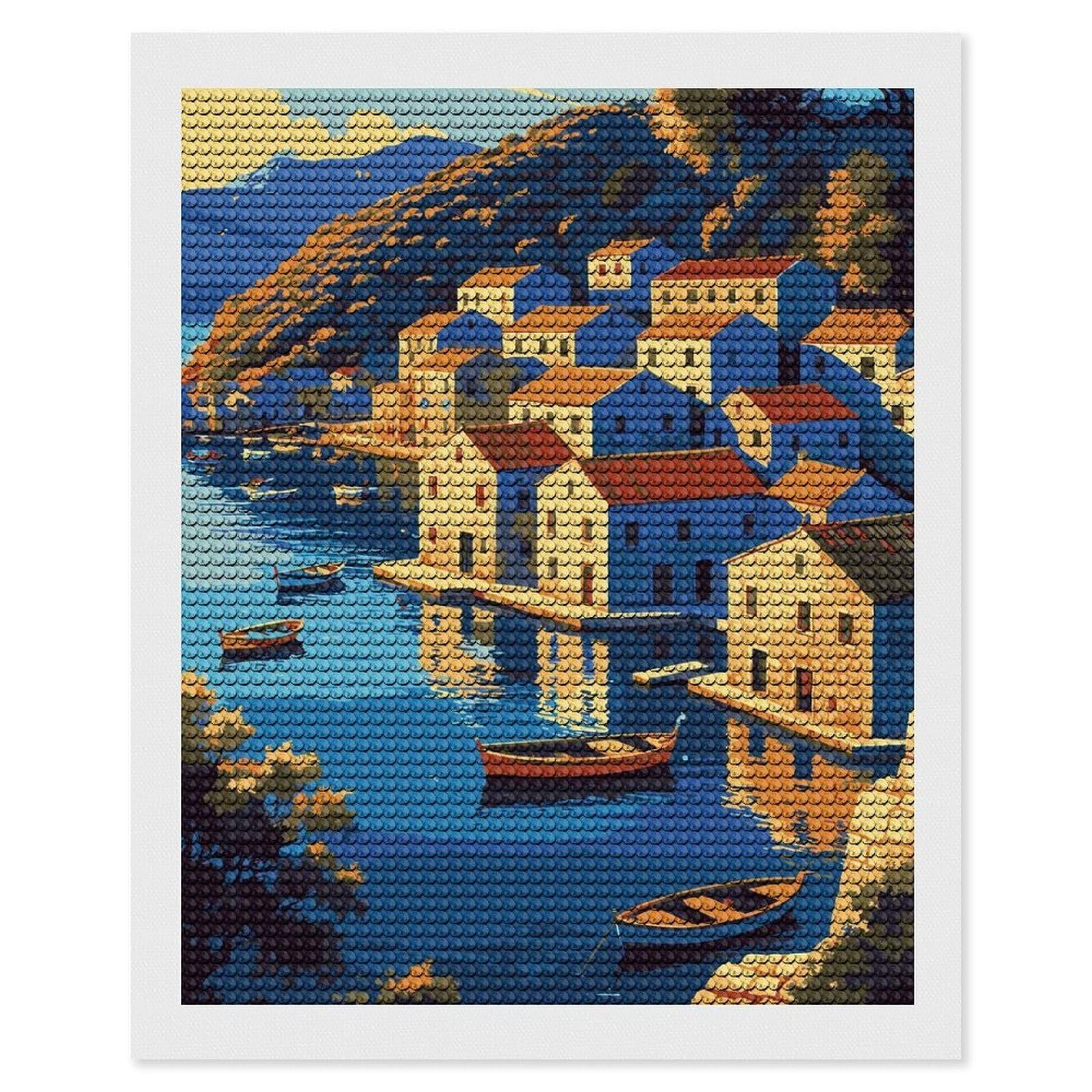 Junmoney Coastal Village with Boats and Reflections DIY Diamond Art Canvas Kit 16"x20", Winter Craft, Mindful Craft Project, Aesthetic Room Decor, Decor Project