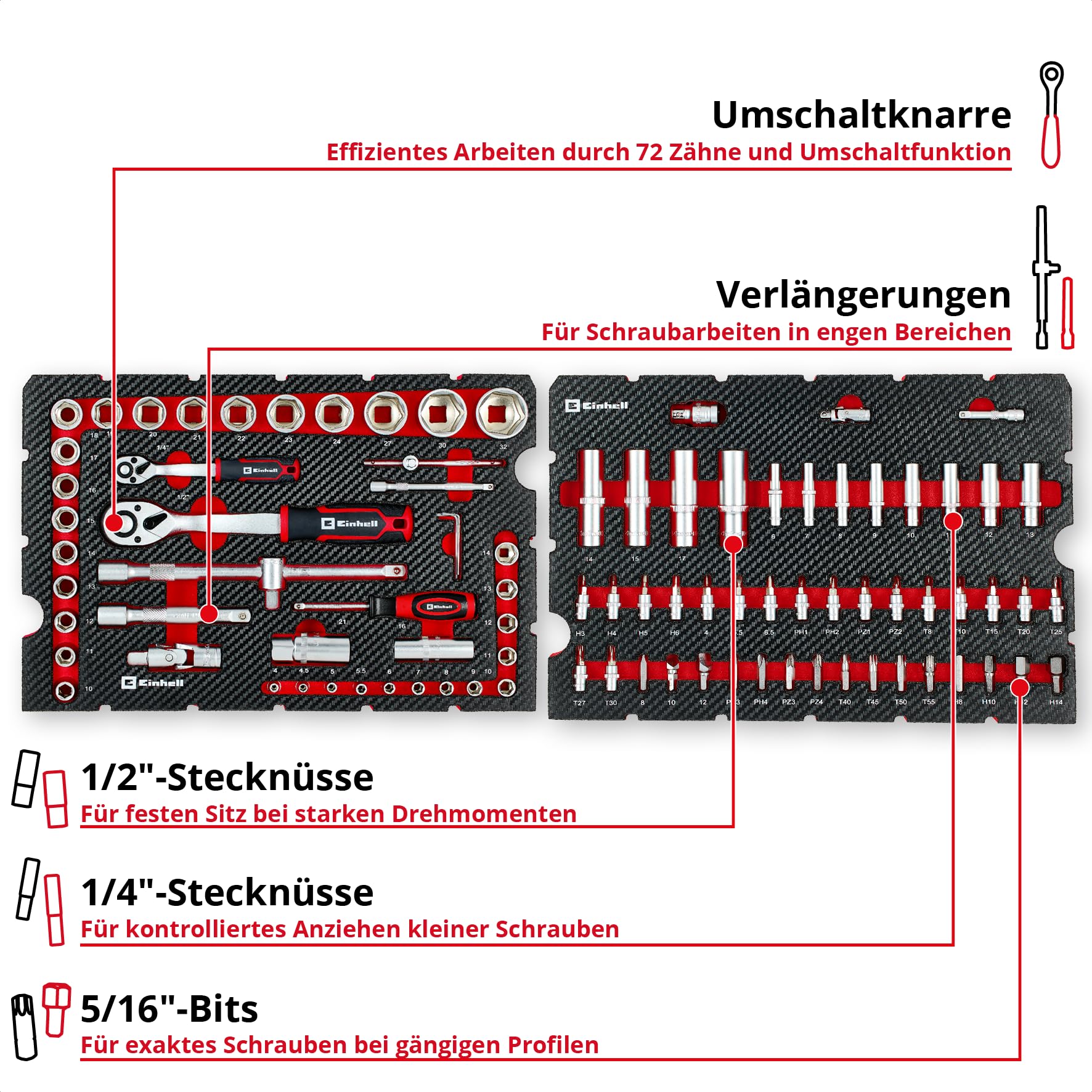 Original Einhell E-Case 92-tlg. Werkzeugkoffer Werkstatt (Werkstattausstattung, KFZ-Stecknüsse, Bit-Zubehör, Stecknuss-Set, Umschaltknarren, Sechskant-Stiftschlüssel, Systemkoffer)