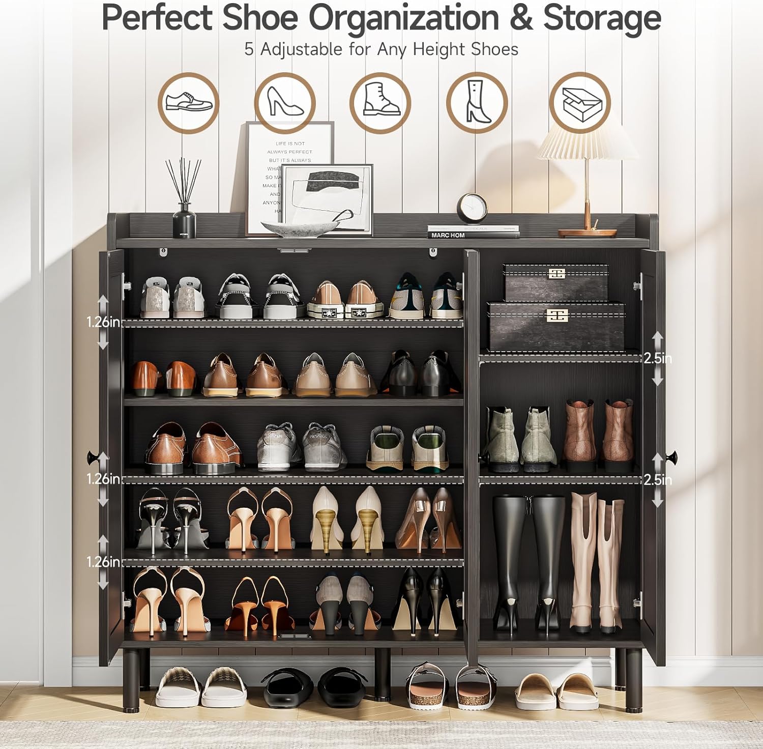 ONBRILL Shoe Cabinet with 3 Doors and Adjustable Shelves, 30 Pairs Shoe Storage Cabinet, 40 Inch Tall Farmhouse Shoe Rack Shoe Organizer Cabinet for Entryway Living Room Closet, Black