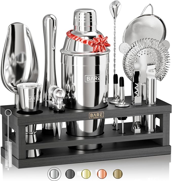 BARE BARREL® Mixology Bartender Kit Bar Set | 16-Piece Cocktail Shaker Set | Martini Barware Mixing Tools for Home Bartending | Incl. 35 Recipe Cards | Gift Set (24oz Cobbler Shaker, Silver/Black)