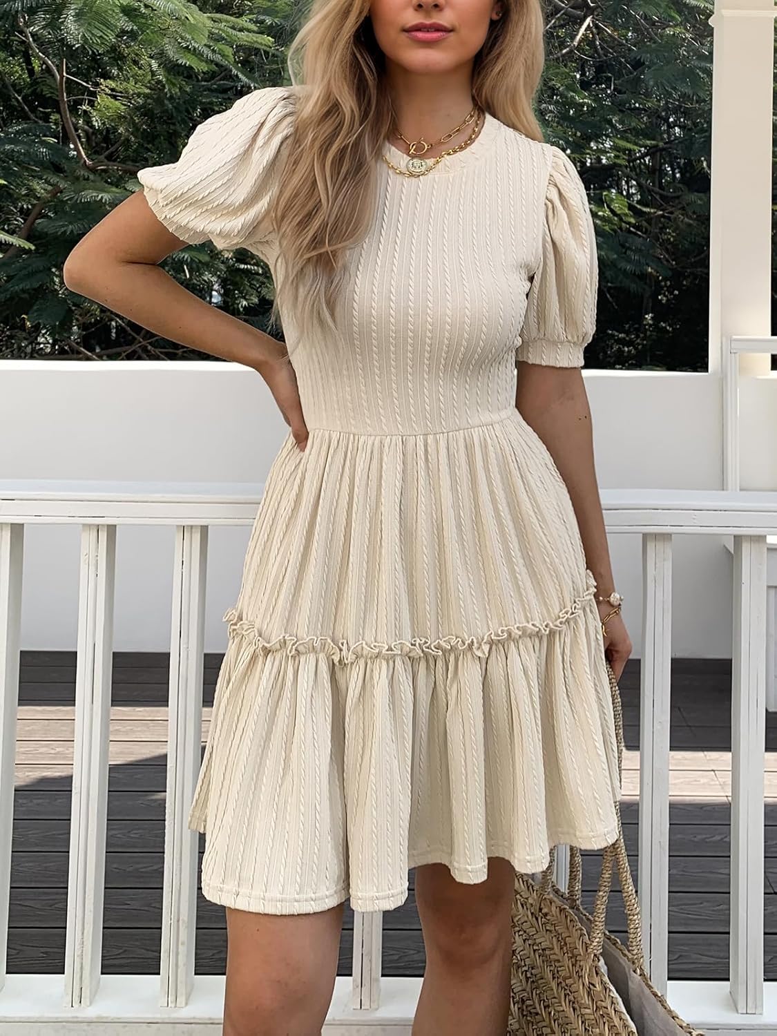 Women's Puff Sleeve Ruffle Dress, Brown Cotton Blend Mini Dress with Pockets, Elastic Waist & Flowy Fit - Image 2