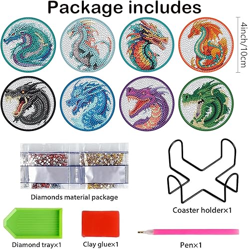 Miniatura 2 de Demonwer 8 Piezas de Kits de Posavasos de Dragón de Diamante con Soporte DIY Arte de Diamante 3D de Dragón Posavasos Antideslizante para Adultos