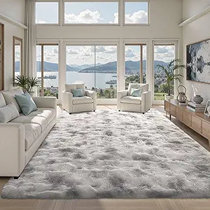 9x12 ft Rug for Living Room Fluffy Grey White Shag Rug Non-Slip Area Rugs Carpet for Bedroom Nursery Kids PlayRoom Dorm Office Indoor Modern Plush Carpets