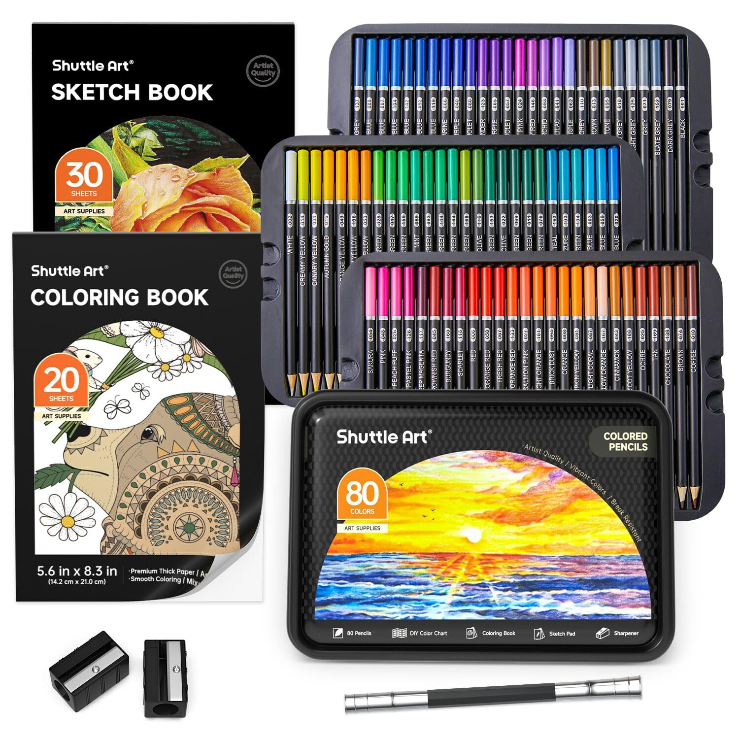Shuttle Art Buntstifte Set, 80 professionelle Buntstifte für Erwachsene und Kinder, Farbstifte Set mit Malbuch, Skizzenbuch, Spitzer, Bleistiftverlängerer und Eisenbox, Buntstift Kinder, Holzstifte