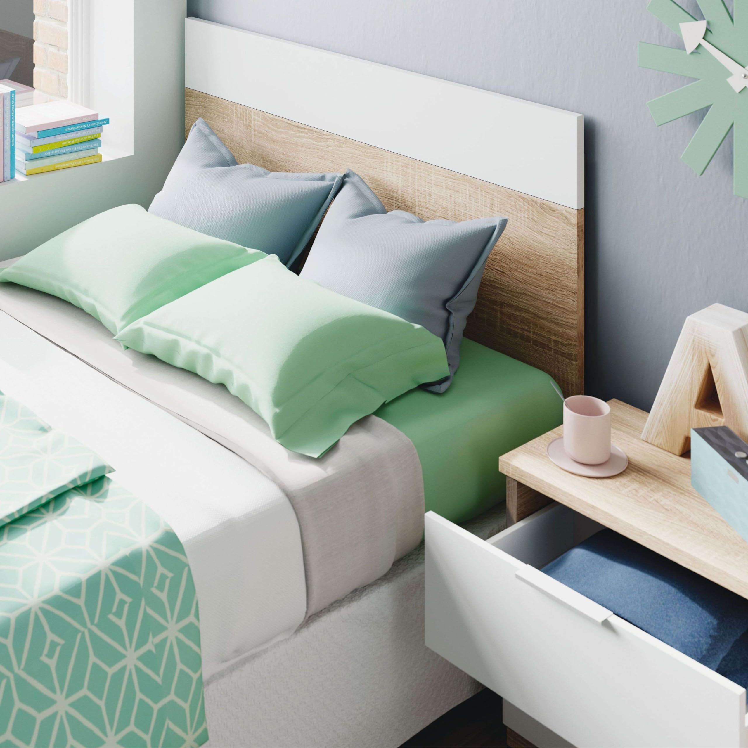 Miroytengo Conjunto Dormitorio Cabecero de Cama de 90 con Mesita Luca Color Blanco Mate y Roble Canadian