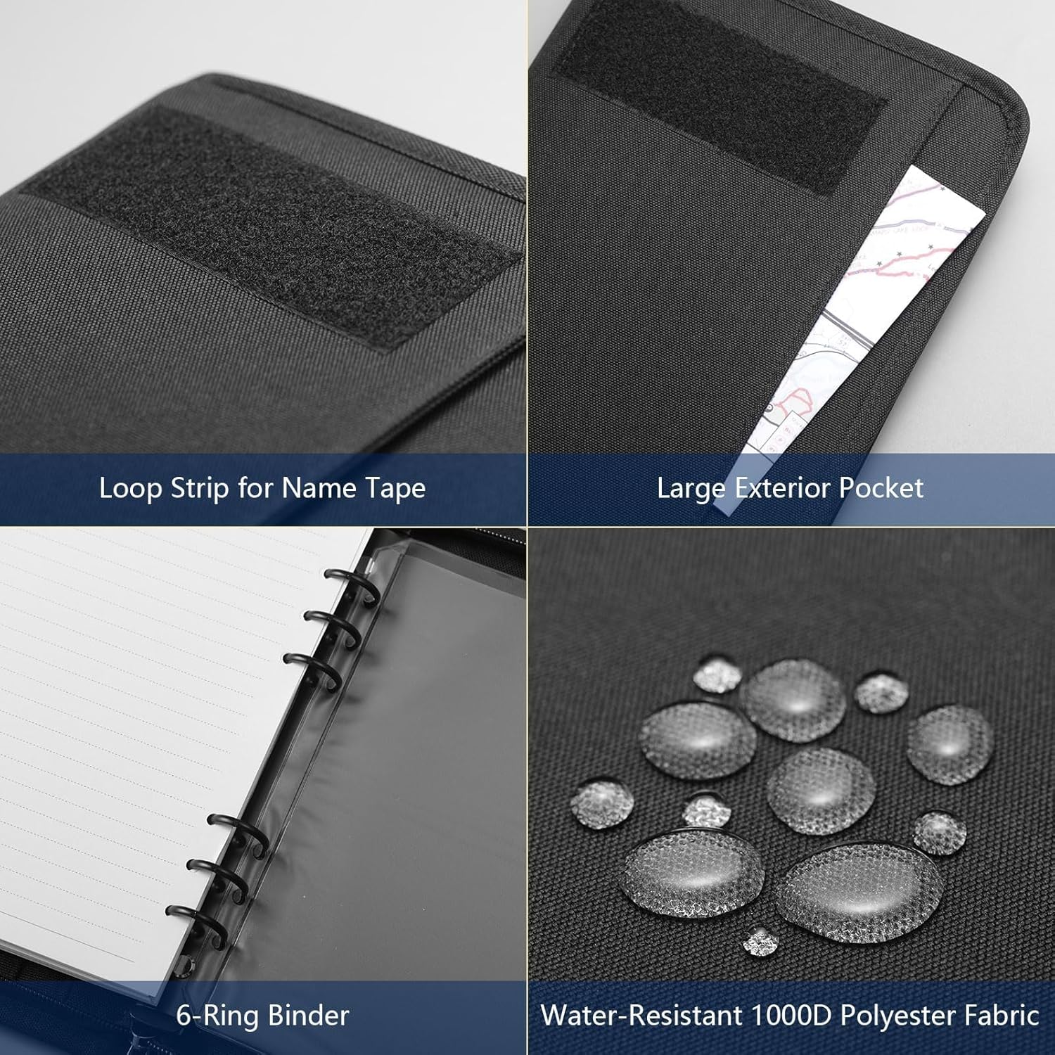 Kosibate Tactical Notebook Padfolio Ring Binder with 80 Sheets, Tactical Binder Zippered for Folders, Cards Refillable 6-Ring Notepad,Army Military Waterproof Notebook Cover(Black,7.3"x10.1")