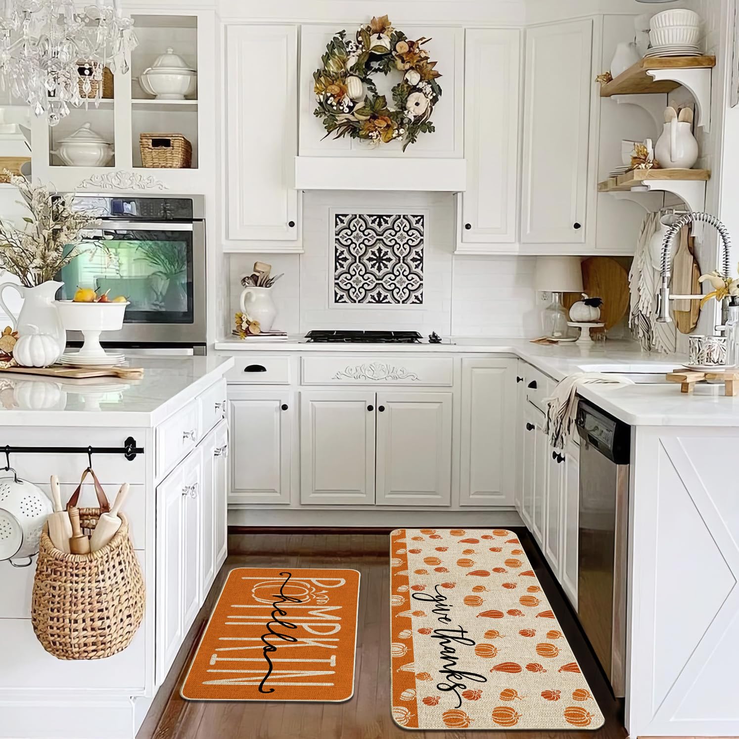 Produktbild von Kürbis-Küchenmatten 2er-Set – Hello Pumpkins Design | Rutschfeste Bodenmatten Für Herbst & Bauernhaus-Deko