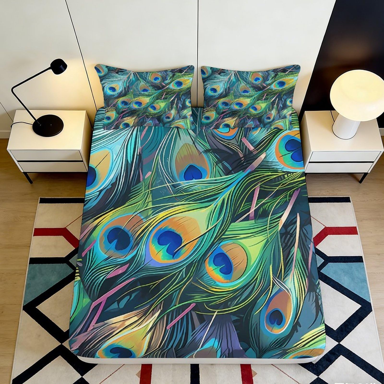 3D Printed Peacock Feather Fitted Sheet Microfiber Anti-Slip Deep Pocket Mattress Cover for Bedroom Guest Room Decor 120x200x25cm
