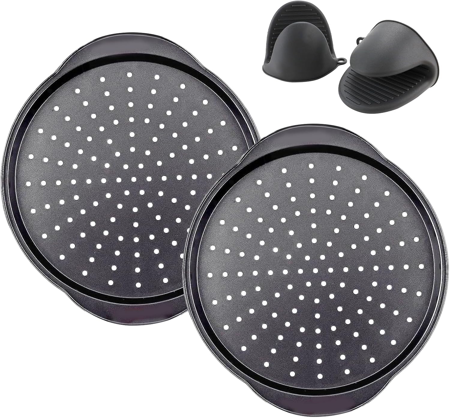 2 Pack 13 Inch Pizza Pan for Oven,Round Carbon Steel Pizza Pan with Holes, Pizza Tray with 2 Silicone Gloves，for Baking, Grilling