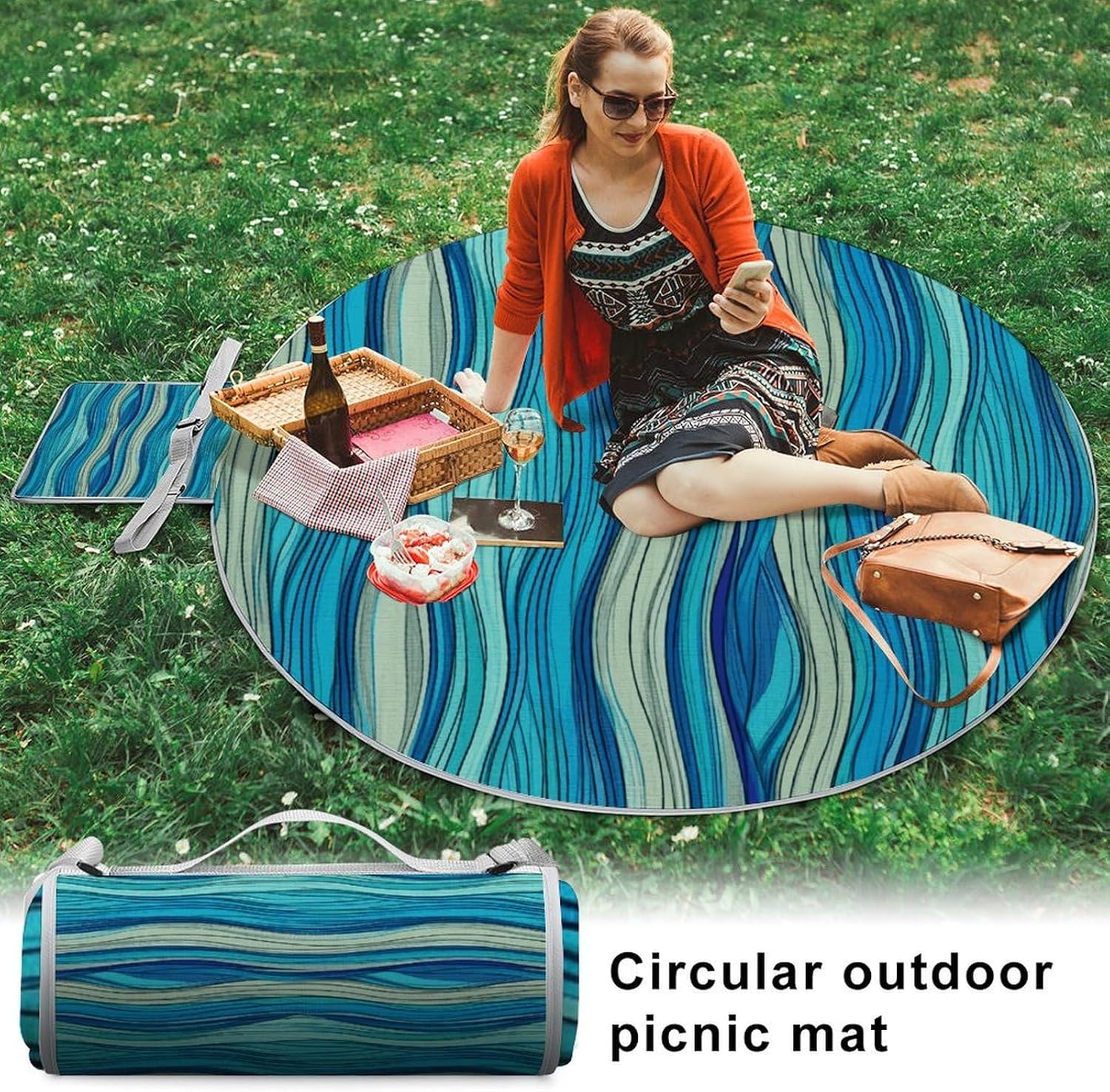 Ocean Stripe Pattern Picnic Mat Lightweight Waterproof Picnic Blankets Extra Large Picnic Outdoor Blankets Foldable Sandproof Beach Blanket for Park Beach Camping Courtyard 58.3''x58.3''