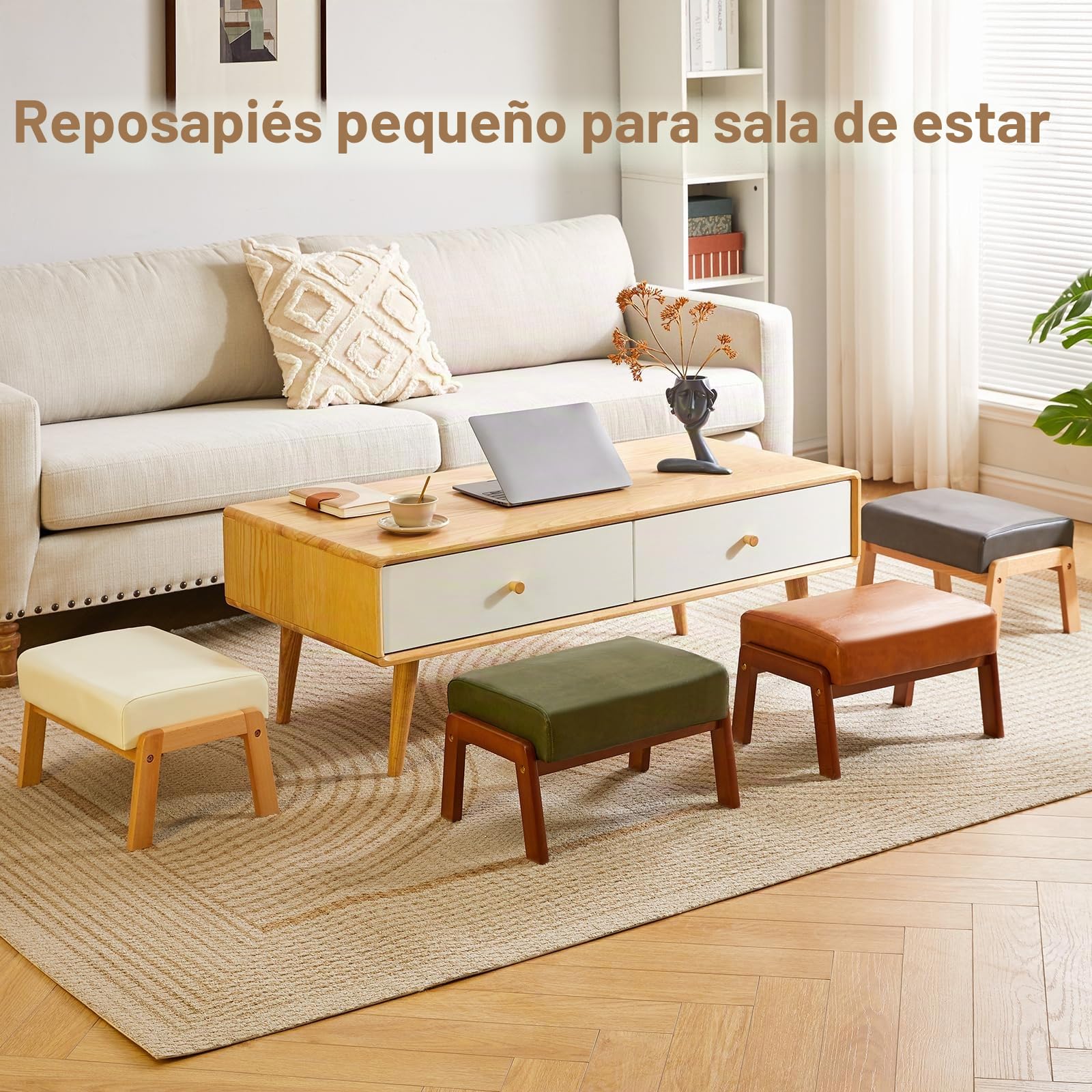 IBUYKE 10.2”H Pequeño Reposapiés Otomana, Rectángulo PU Cuero Reposapiés Taburete con Asiento Acolchado y Patas de Madera, Beige WBD013W