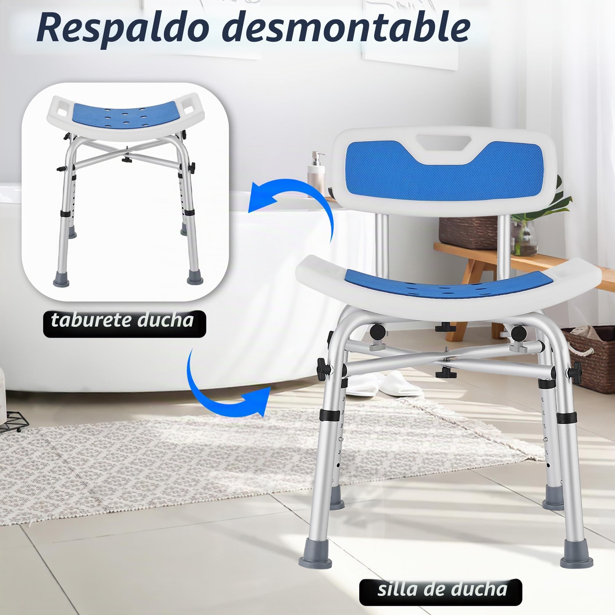 Taburete de Ducha para Personas Mayores con Respaldo extraíble, Silla Ducha Antideslizante Altura Regulable, Silla de baño para Adultos, discapacitados, Asiento de Ducha Azul