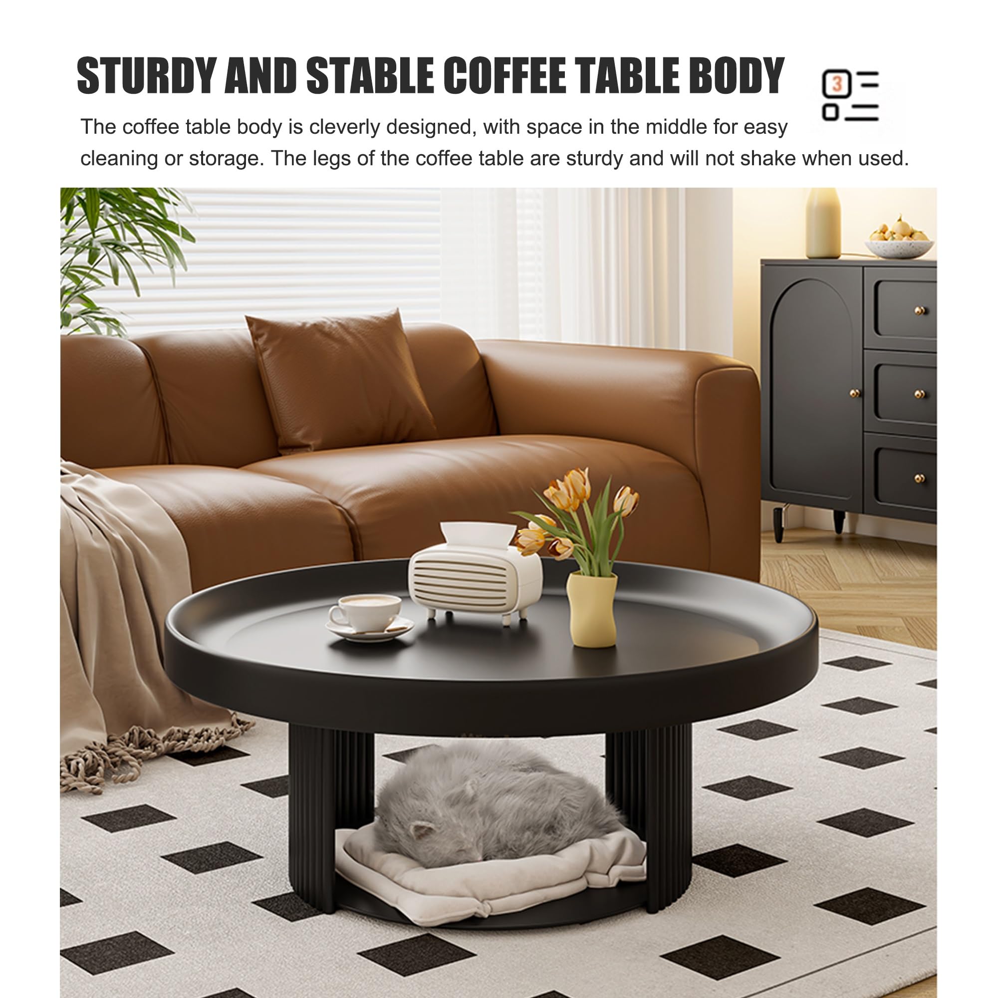 Stolik kawowy do małych pomieszczeń, okrągły, czarny design, idealny do salonu lub patio