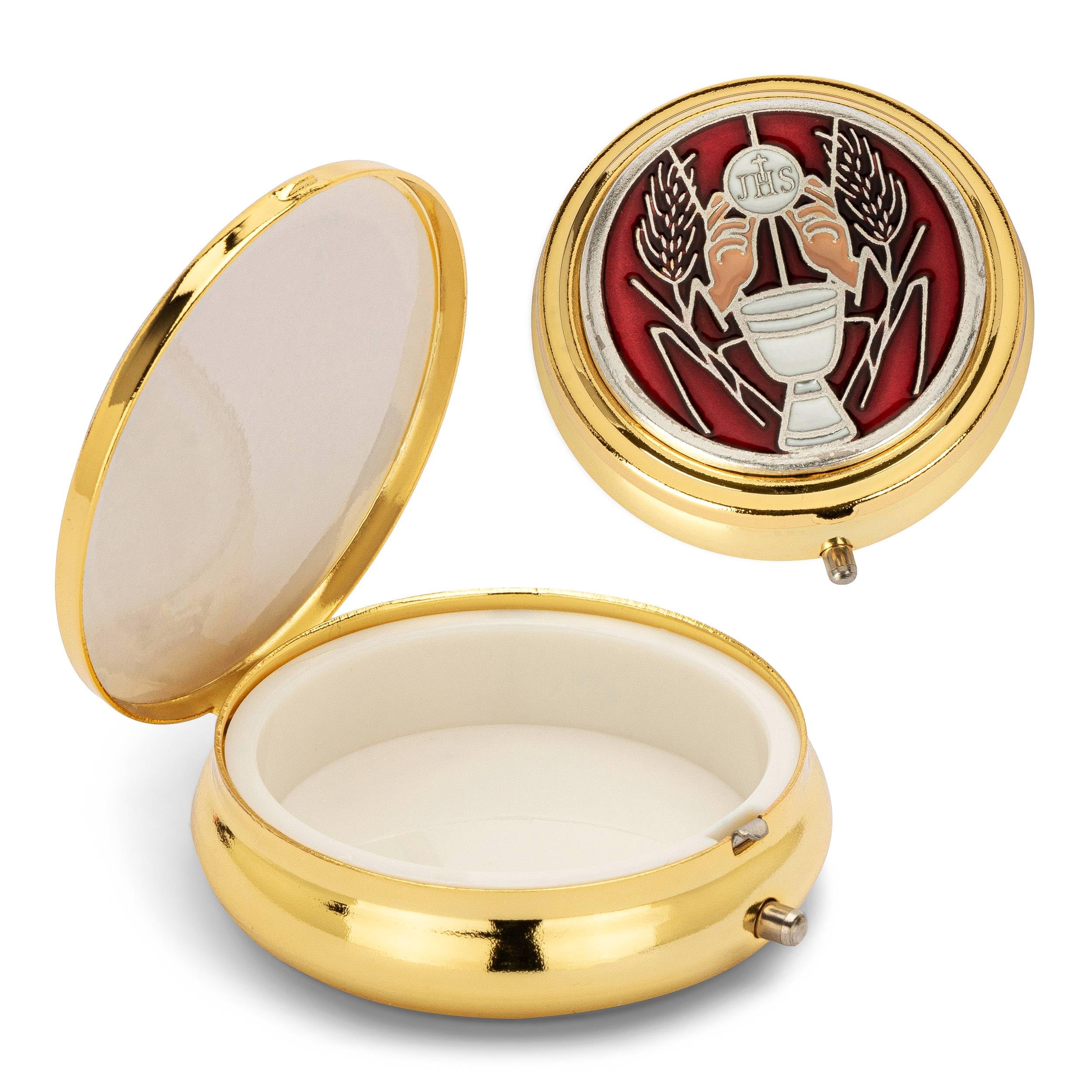 NKlaus Rosenkranz Étui métallique motif calice boîte hostie or rouge intérieur 4cm 2533