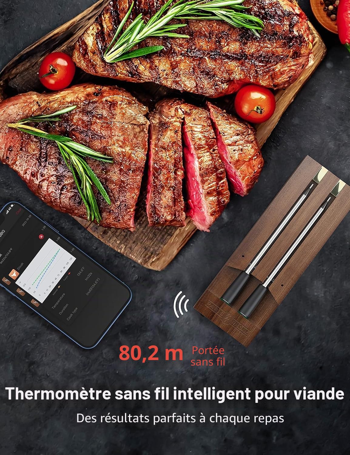 Paris-Rhône - Thermomètre de cuisson connecté - Autonomie 36h, Boîtier de charge en bambou, magnétique, sonde de température intelligente, barbecue, rotissoire, air fryer, portée 100m (2 sondes)