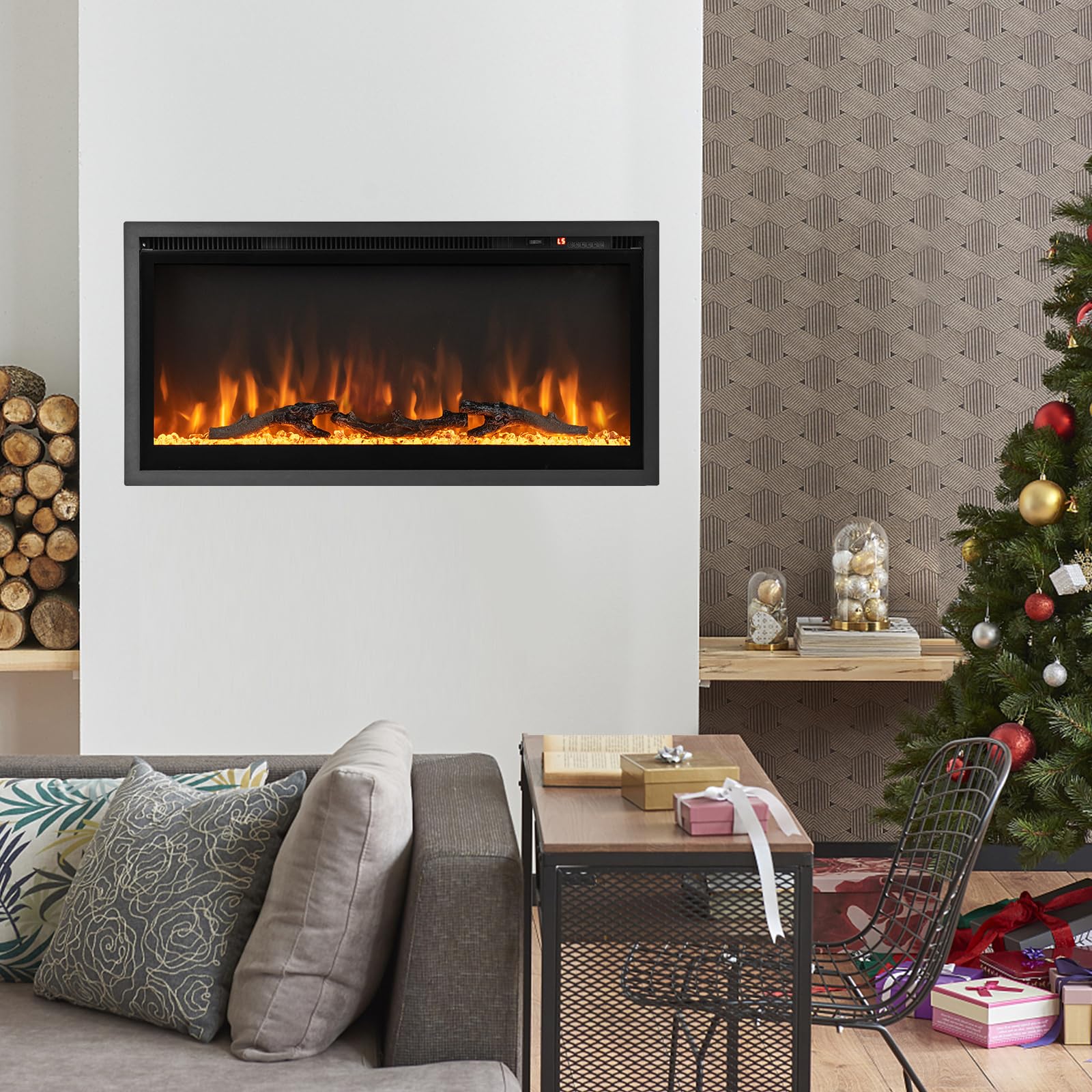 COSTWAY Chimenea Eléctrica de 91,5cm Empotrable en Pared, 750W/1500W Calentador con Control Remoto, Color y Brillo de Llama Ajustables, Termostato, Protección contra Sobrecalentamiento