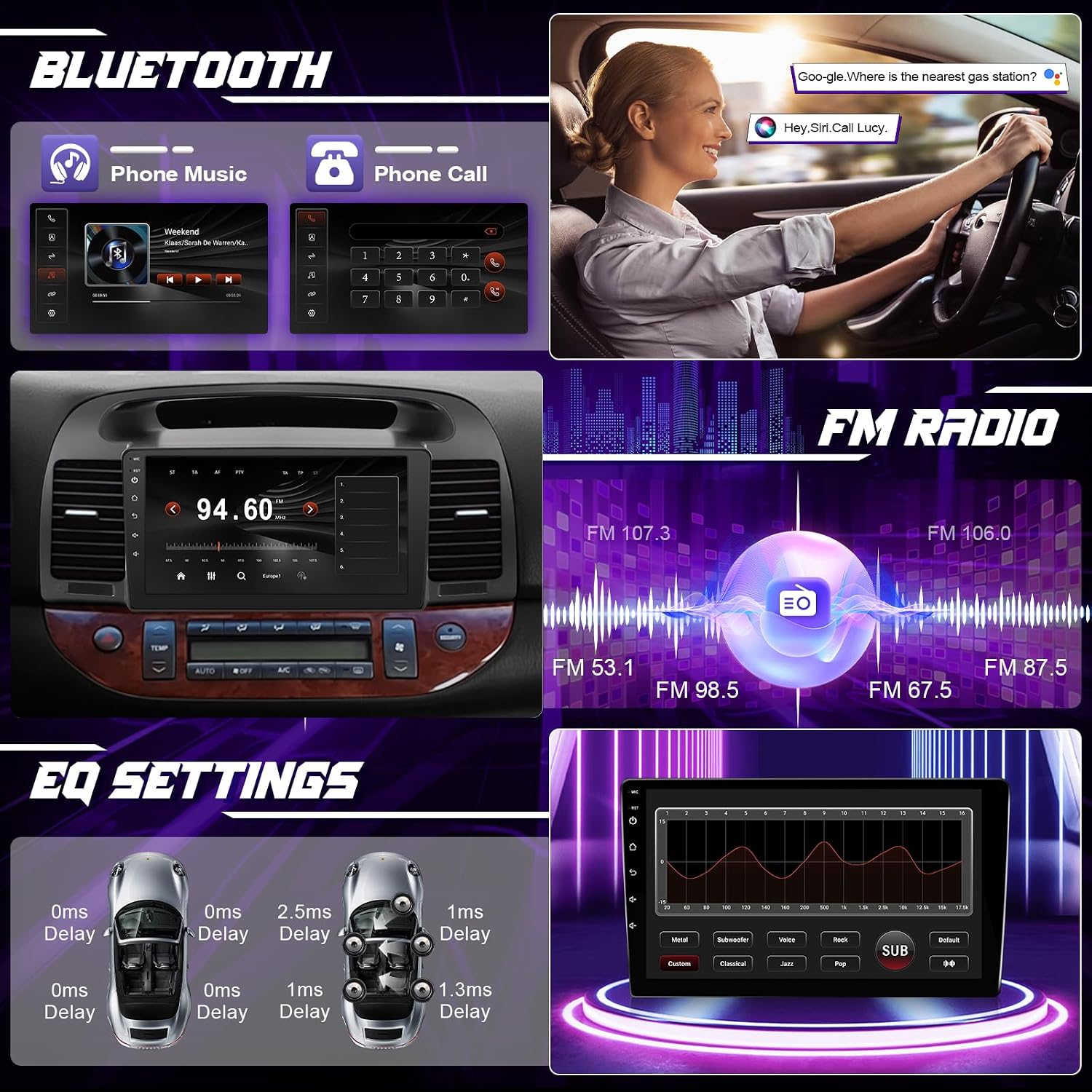 Car radio screen displaying GPS navigation map with route planning and destination search options.