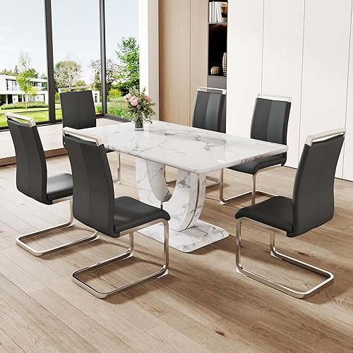 Miniatura 10 de Moderno juego de mesa de comedor de mármol sintético blanco para 4, 5 piezas rectangulares y 4 sillas tapizadas de piel sintética, mesa de comedor