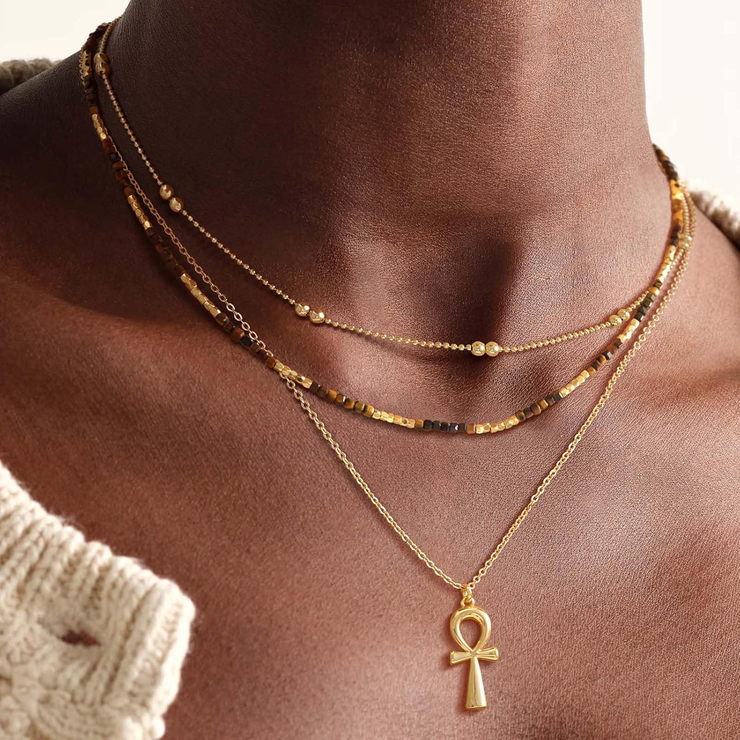 MEVECCO Dainty Gold Choker Necklace for Women 18K Gold Plated Irregular Mixed Beaded Choker Necklace for Her Jewelry Gift - Image 3