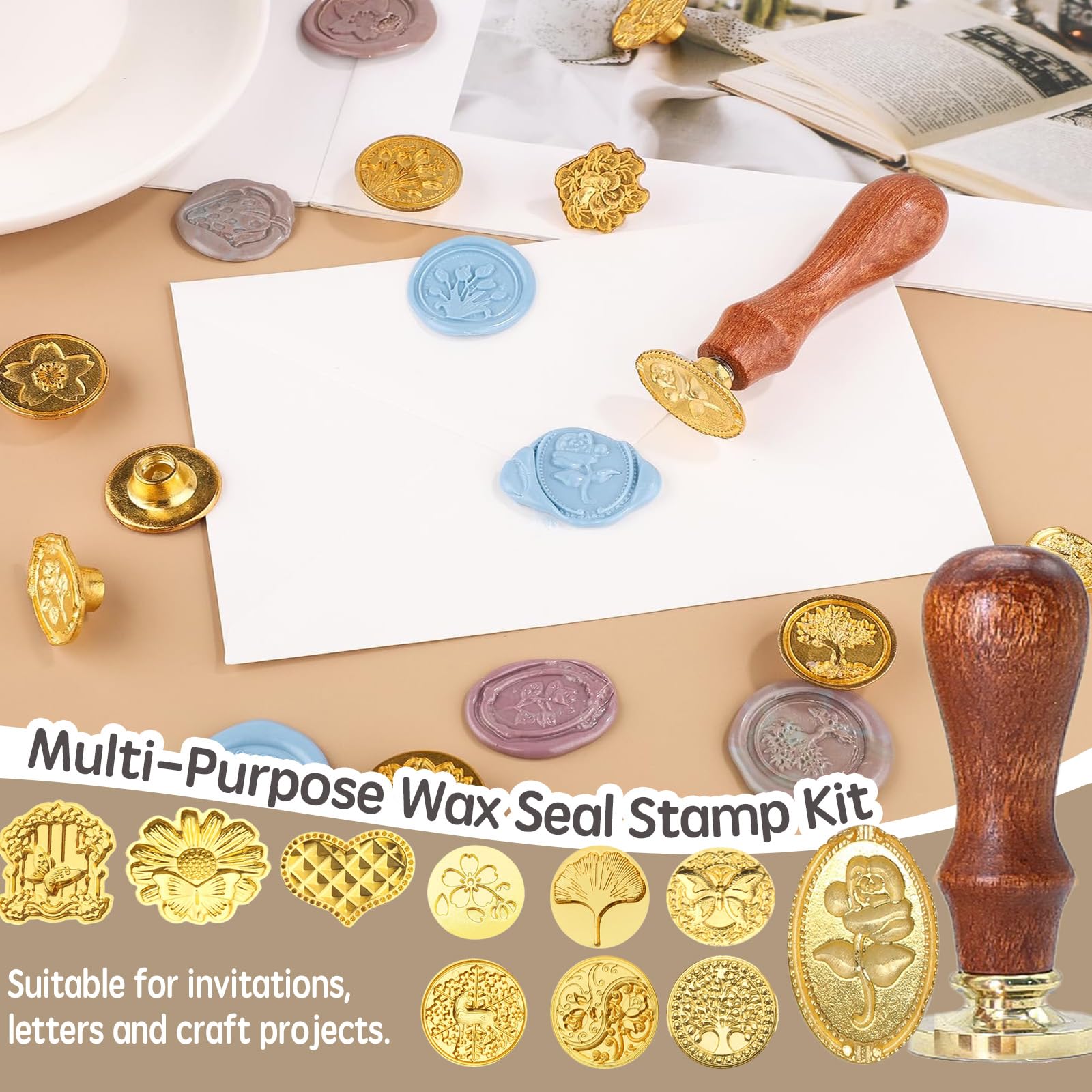 Juego de sello de cera multifuncional de 11 piezas, incluye 10 cabezales de metal grabados y 1 mango de madera, para invitaciones, cartas y proyectos de manualidades