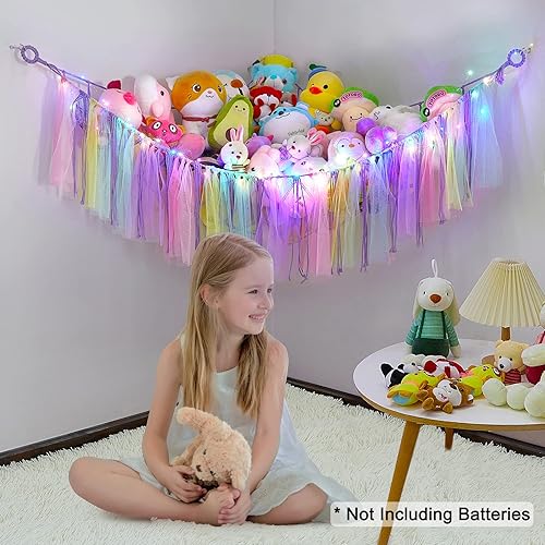 Miniatura 2 de FIOBEE Red de animales de peluche o hamaca con luz LED, hamaca de juguete colgante para animales de peluche, organizador de almacenamiento para