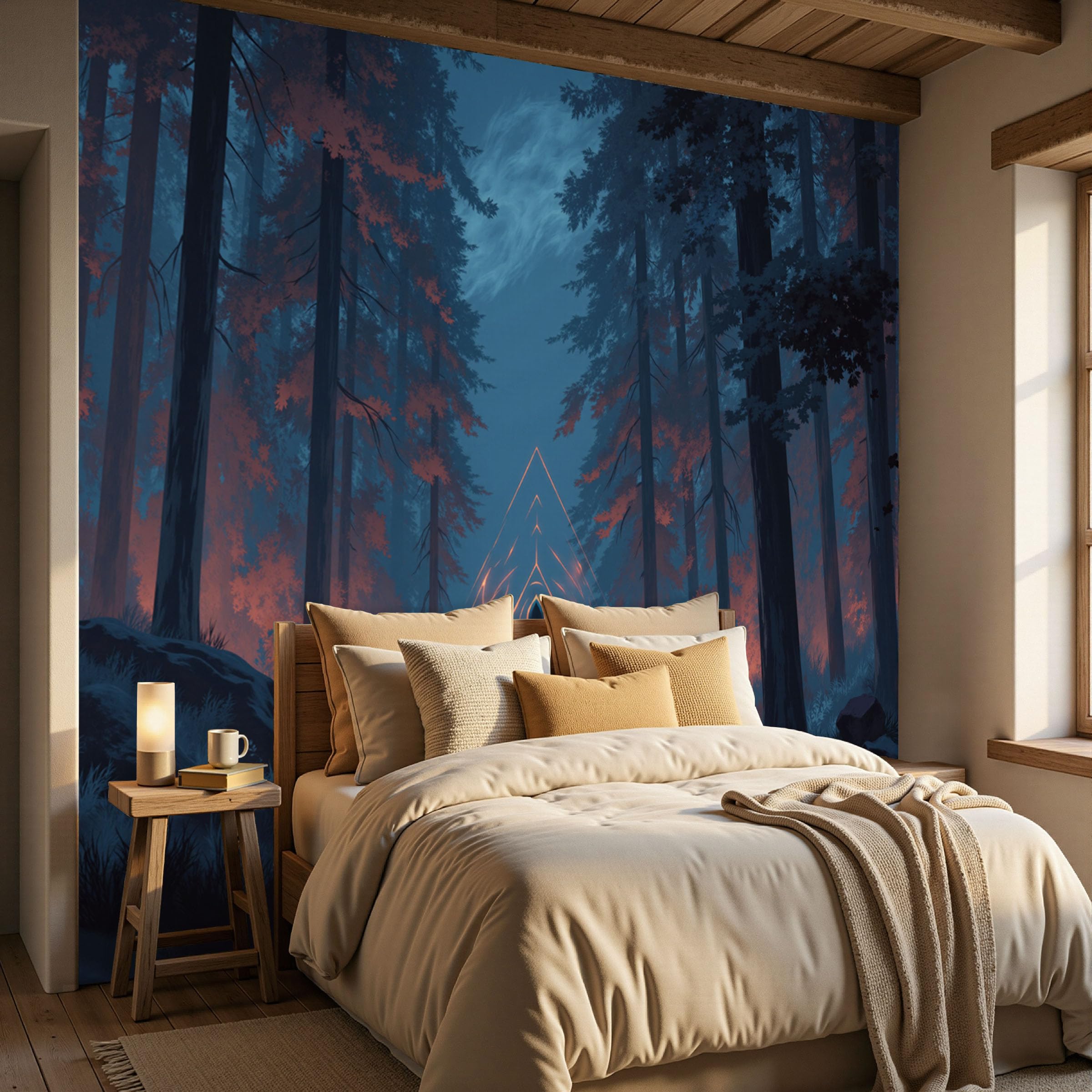 Carta da parati fotografica Meditazione Notturna Tra Le Rocce 350× 256 cm Fotomurali moderna,Decorazione per Misteriosa Foresta Per La Meditazione,Design Carta in tessuto di seta,blu-arancione