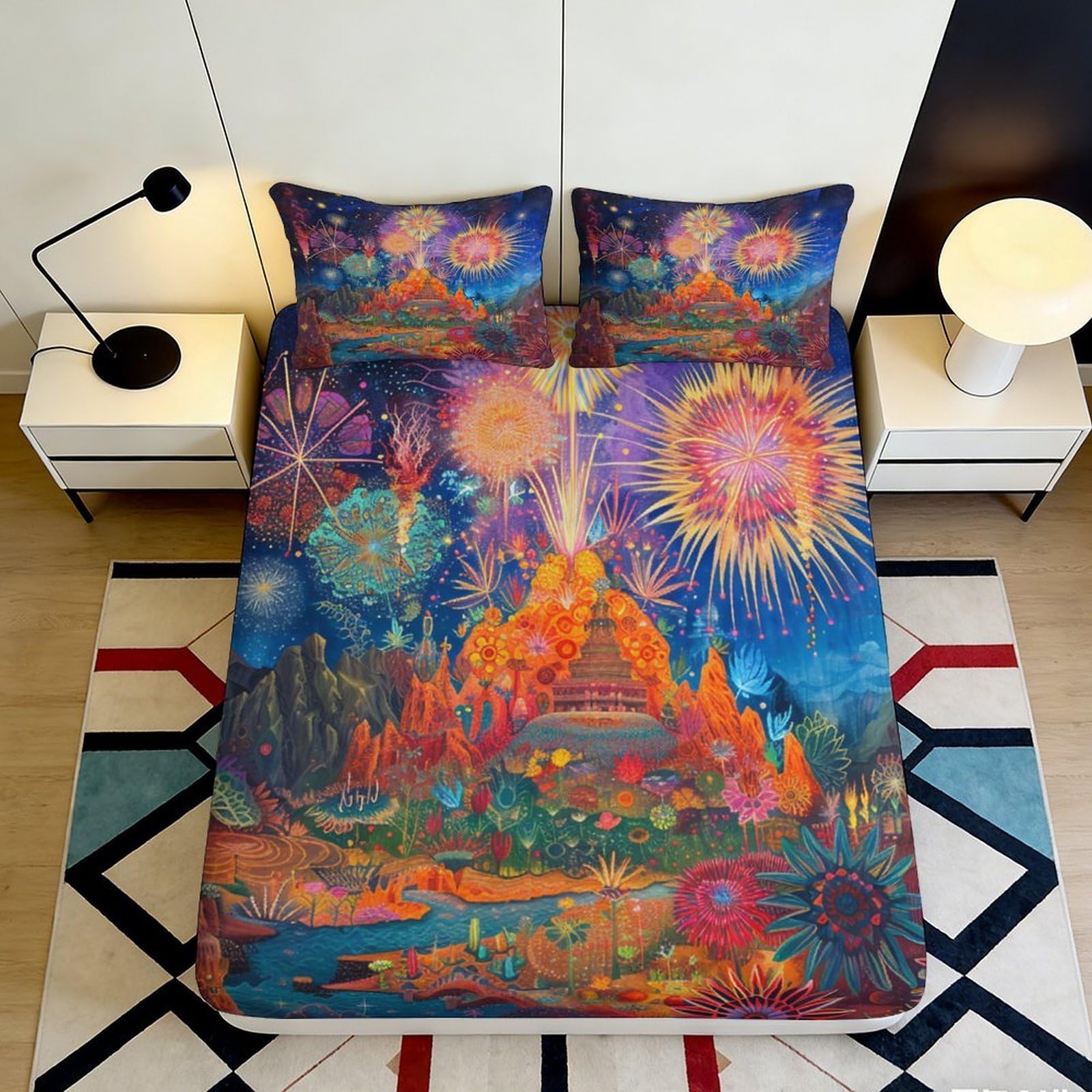 Pnayamiorkfel Style-6 3D Printed Fireworks Festival Fitted Sheet Microfiber Vibrant Bed Cover For Bedroom Guest Room Dorm Mattress Decor 90X200x25cm