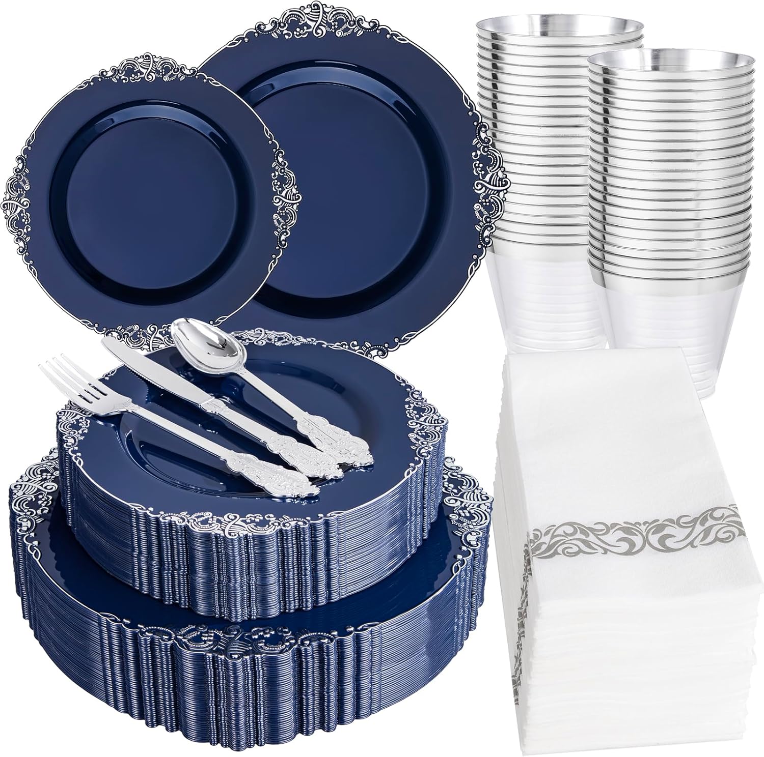 Hioasis 350pcs Blue Plastic Plates - Blue and Silver Plastic Plates Disposable Include 50 Dinner Dinnerware,50 Dessert Dinnerware,50 Knives,50 Forks,50 Spoons,50 Rolled Napkins Cutlery for Parties Blue and Silver 350 Pieces (50 Guests)