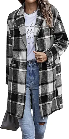 PRETTYGARDEN Women Plaid Shacket Jacket Trendy Fall Casual Button Wool Blend Tartan Trench Coat Winter Clothing with Pockets