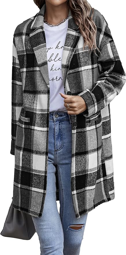 PRETTYGARDEN Women Plaid Shacket Jacket Trendy Fall Casual Button Wool Blend Tartan Trench Coat Winter Clothing with Pockets